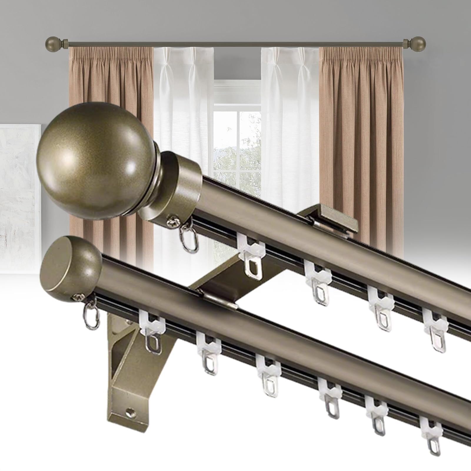 WQPMNYG Heavy-Duty 4.2m Double Curtain Rods & Silent Room Divider Track - 13.8ft Wall Mount for Windows Perfect for Home Décor & Hotels (Champagne)