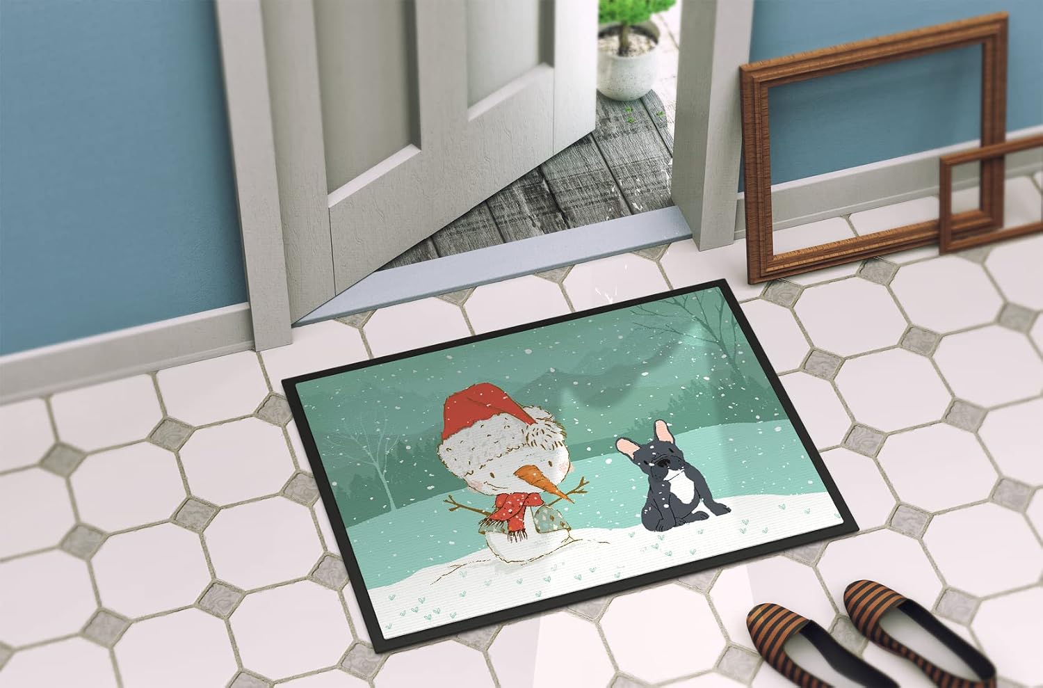 Caroline's Treasures CK2085JMAT Black French Bulldog Snowman Christmas Doormat 24x36 Front Door Mat Indoor Outdoor Rugs for Entryway, Non Slip Washable Low Pile, 24H X 36W