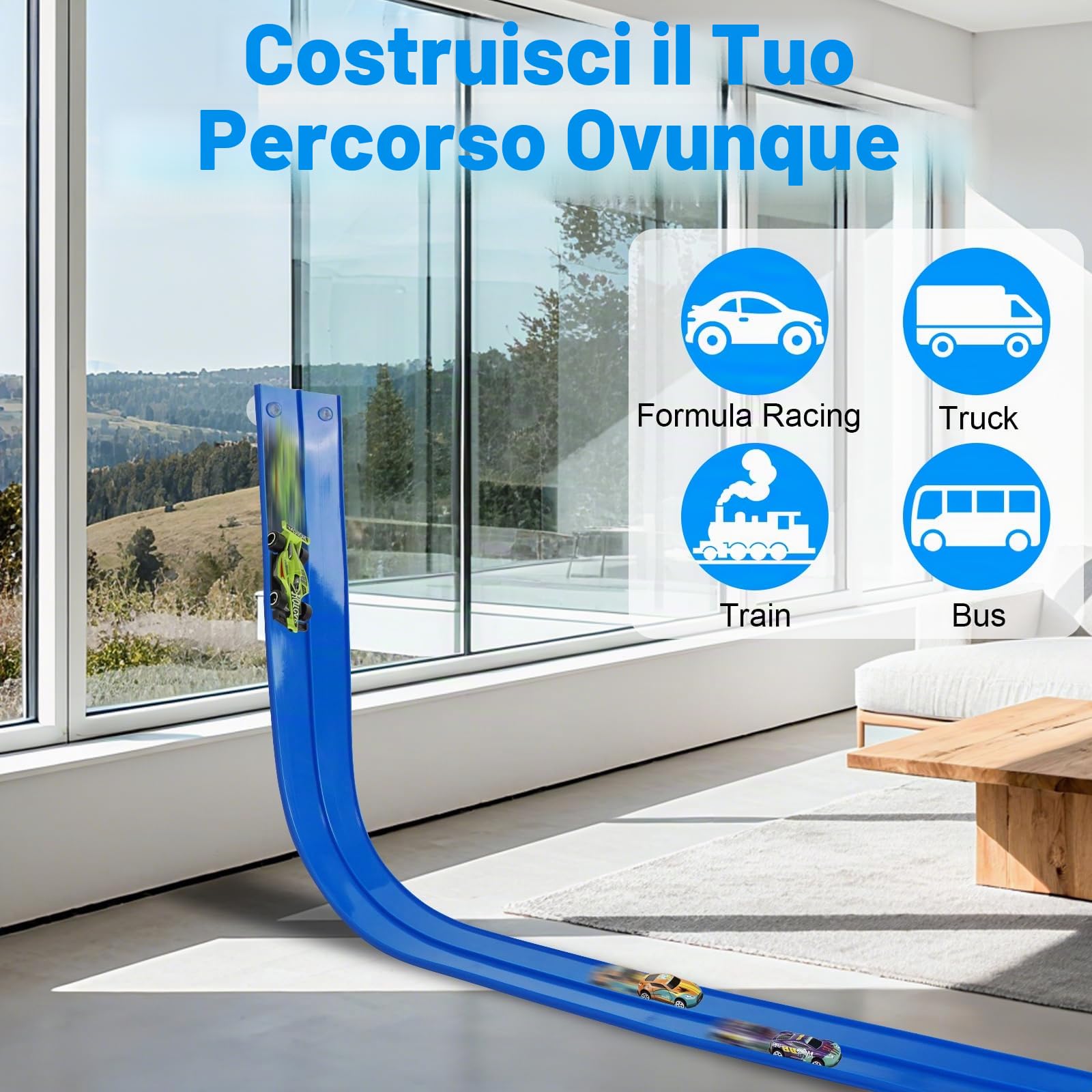 Pista Macchinine (4.5 m), Pista Macchine Flessibile, Piste Macchinine per Bambini 3 4 5 6 7 Anni, Car Track, 4 Auto In Lega Borsa Portaoggetti Regalo per Bambino e Bambine, Blu