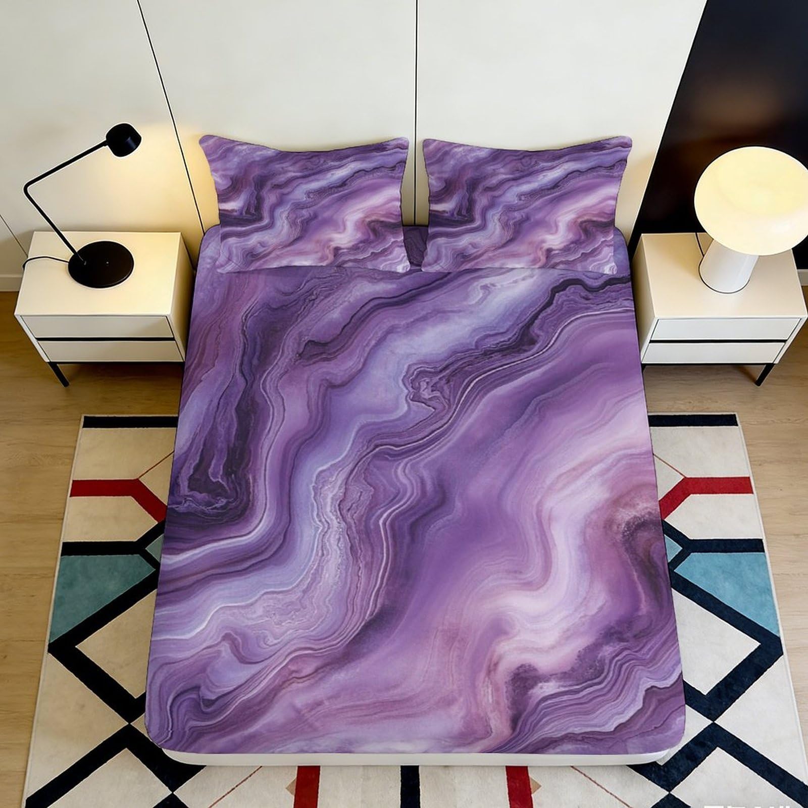 3D Printed Purple Marble Fitted Sheet Microfiber Soft Breathable Agate Pattern Mattress Cover for Bedroom Dorm 120x200x25cm