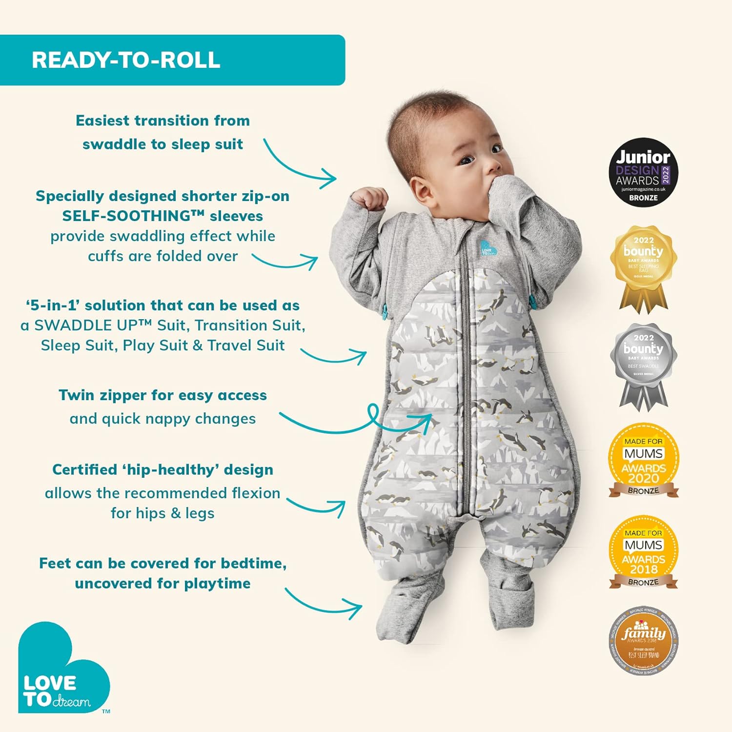 Love to Dream Swaddle UP Transition Suit, Gray, Medium, 13-19 lbs, Patented Zip-Off Wings and Unique Self-Soothing Sleeves, Safely Transition from Swaddled to Arms-Free Before Rolling Over