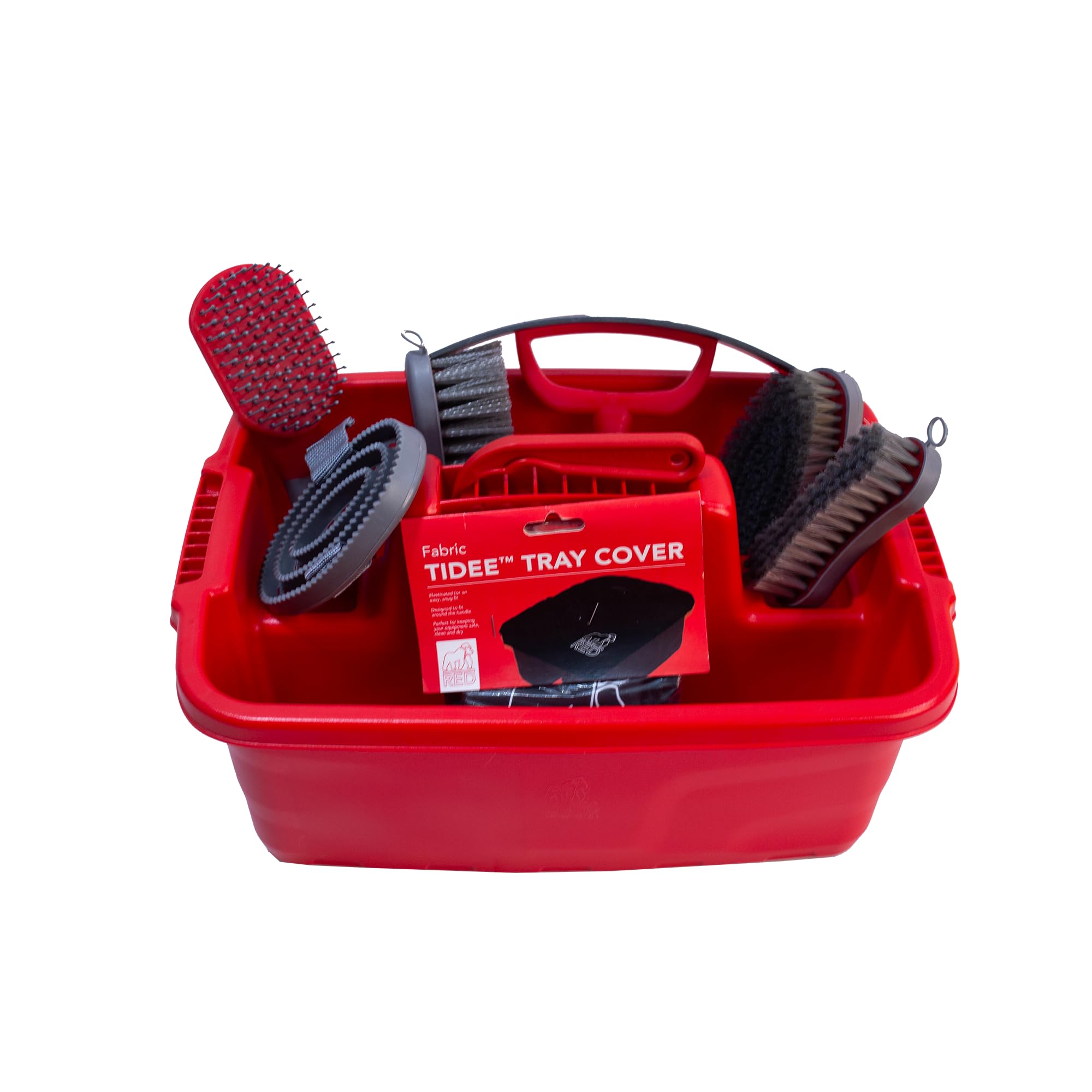 Red Gorilla Horse Grooming Kit 9 Piece Equestrian Care Gift Set 4 Brushes Sweat Scraper Curry Comb Hoof Pick Tray and Waterproof Cover (Red)