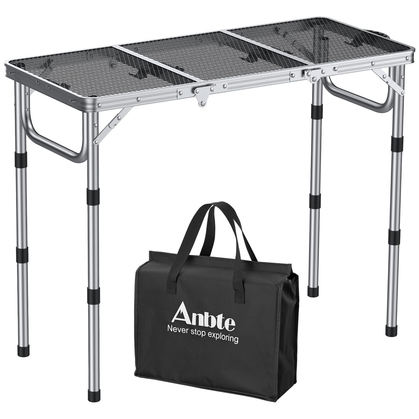 Anbte 3ft Folding Grill Table With Storage Bag, 3 Adjustable Height 27.5" Aluminum Portable Grill Table, Heat Resistant, Lightweight, Portable Handle For Bbq Cooking Camping Travel, 35" X 16", Silver