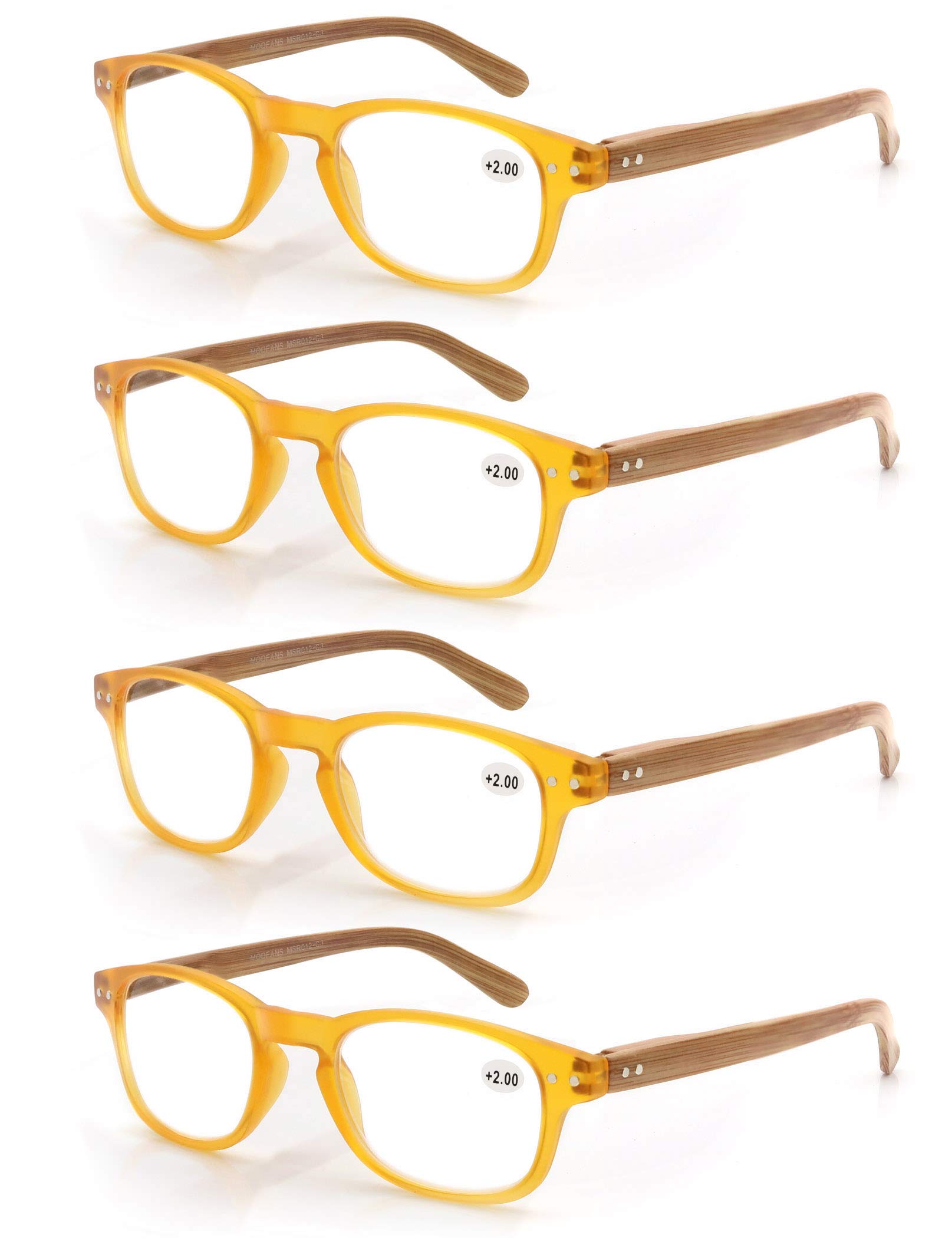 MODFANS 4 Pack Reading Glasses 1.0 Fashion Wood-Look Spring Hinges Stylish Readers Men Women Yellow