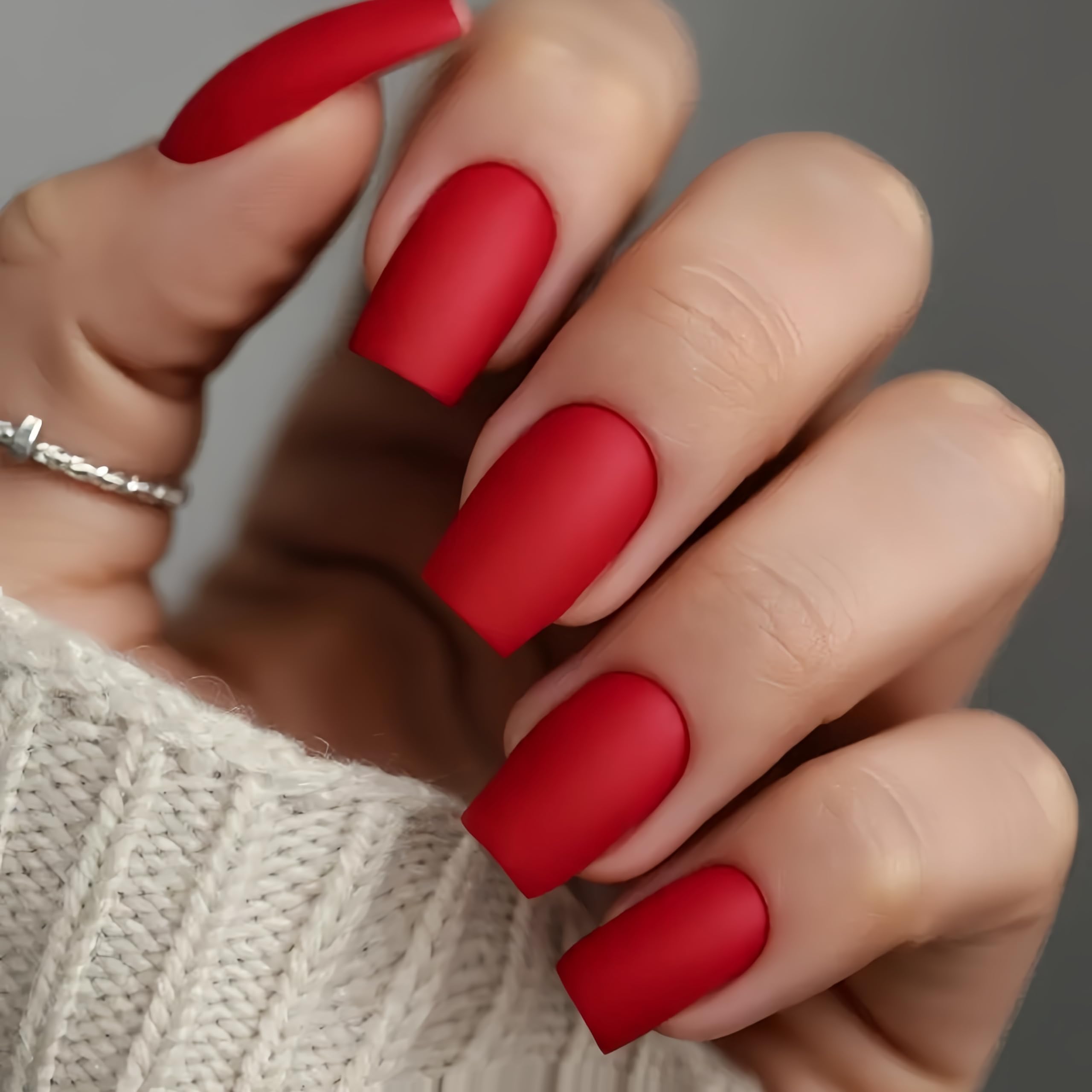 KQueenest Soft Gel Press on Nails Short Medium Square, Matte Light Red False Nails Short Coffin