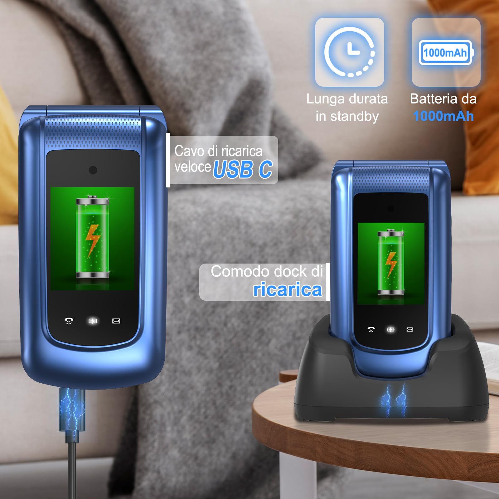 CHAKEYAKE 4G Telefono Cellulare per Anziani,Dual SIM, Flip Telefoni Cellulari con Tasti Grandi, Funzione SOS, Volume alto, 2.4"+1.77" Doppio Display, Torcia, Base (Blu)