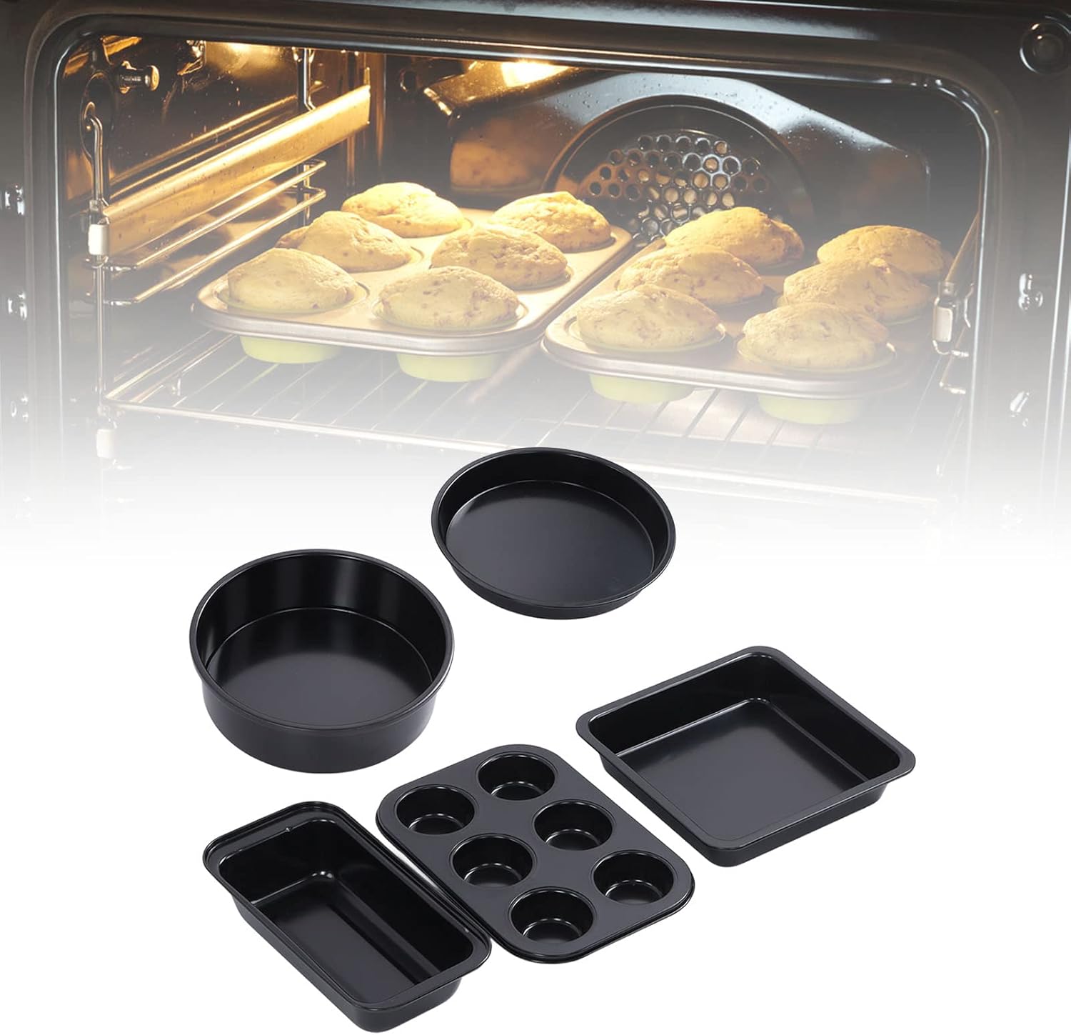 Professional Carbon Steel Bakeware Set with Nonstick Coating, Includes Cake Mold, Baking Pans, and Pizza Tray, Ideal for Home Kitchen Baking Needs, Heat up to 572℉ (Black)