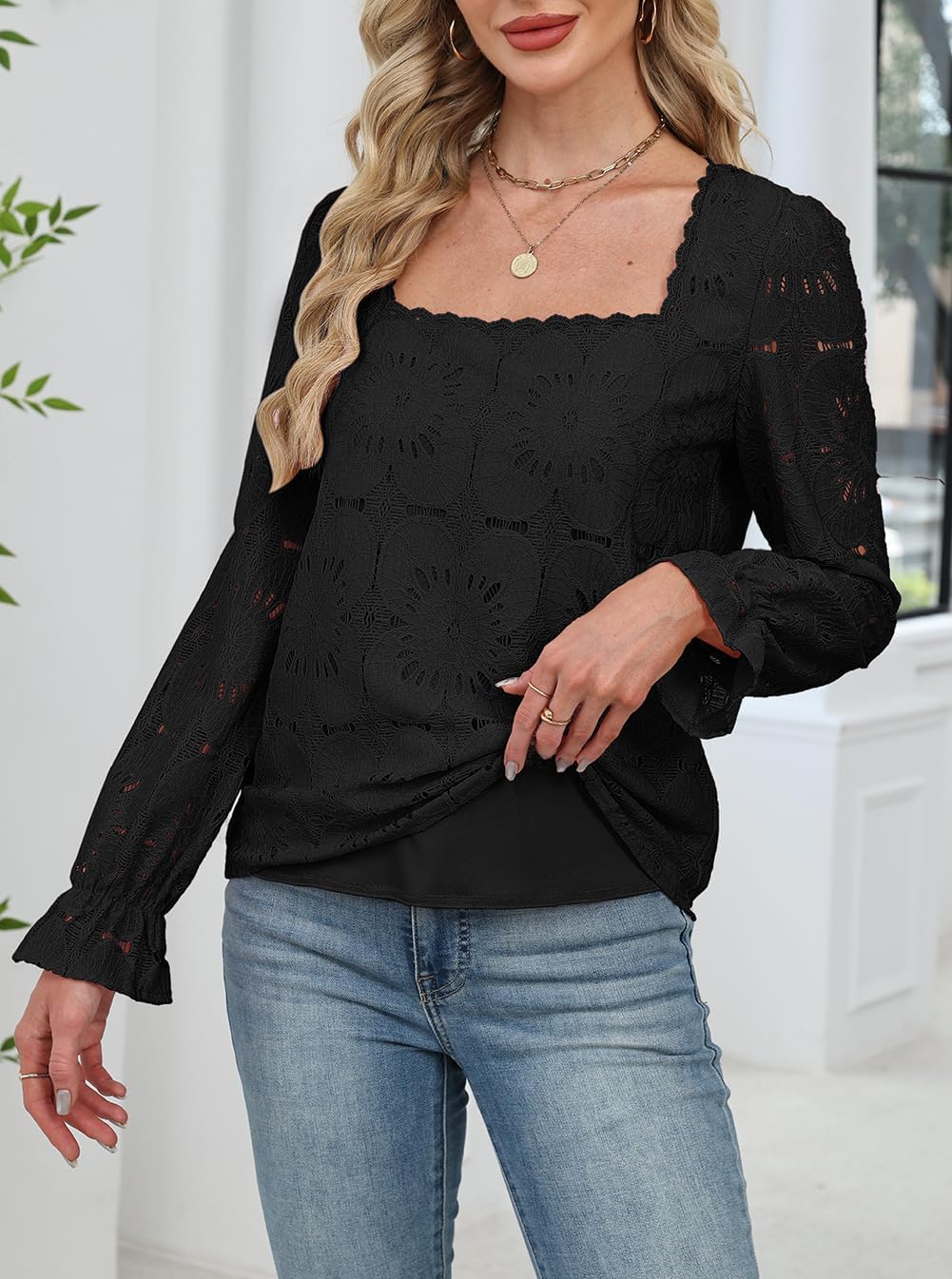 Blouses for Women Dressy Casual Eyelet Square Neck Long Sleeve Embroidered Lace Crochet Boho Tops Fall Fashion 2025 - Image 2