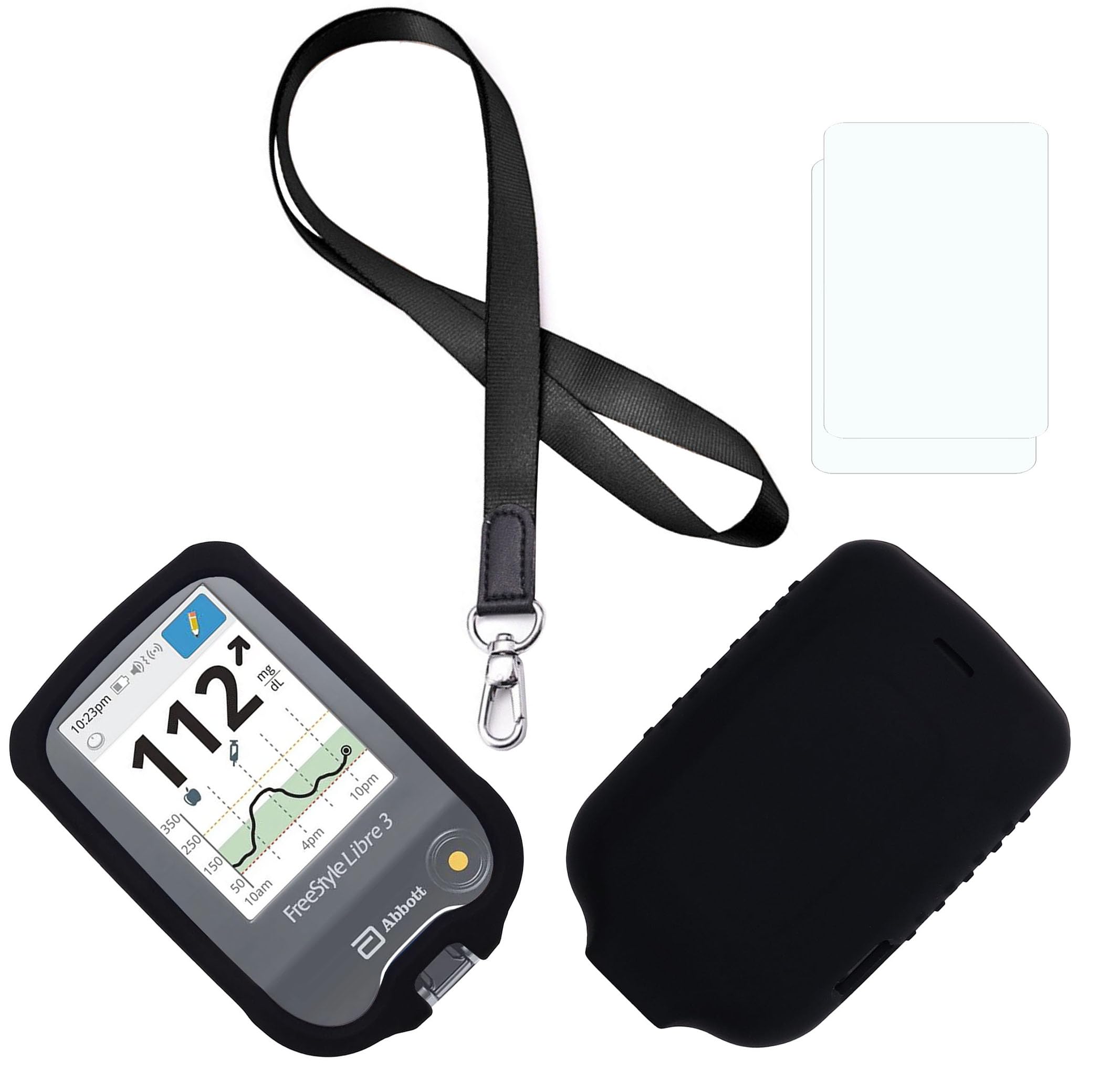 (Black) Premium Silicone Case (Lanyard + TPU Screen Protector) for Freestyle Libre 3 & Freestyle Libre 2