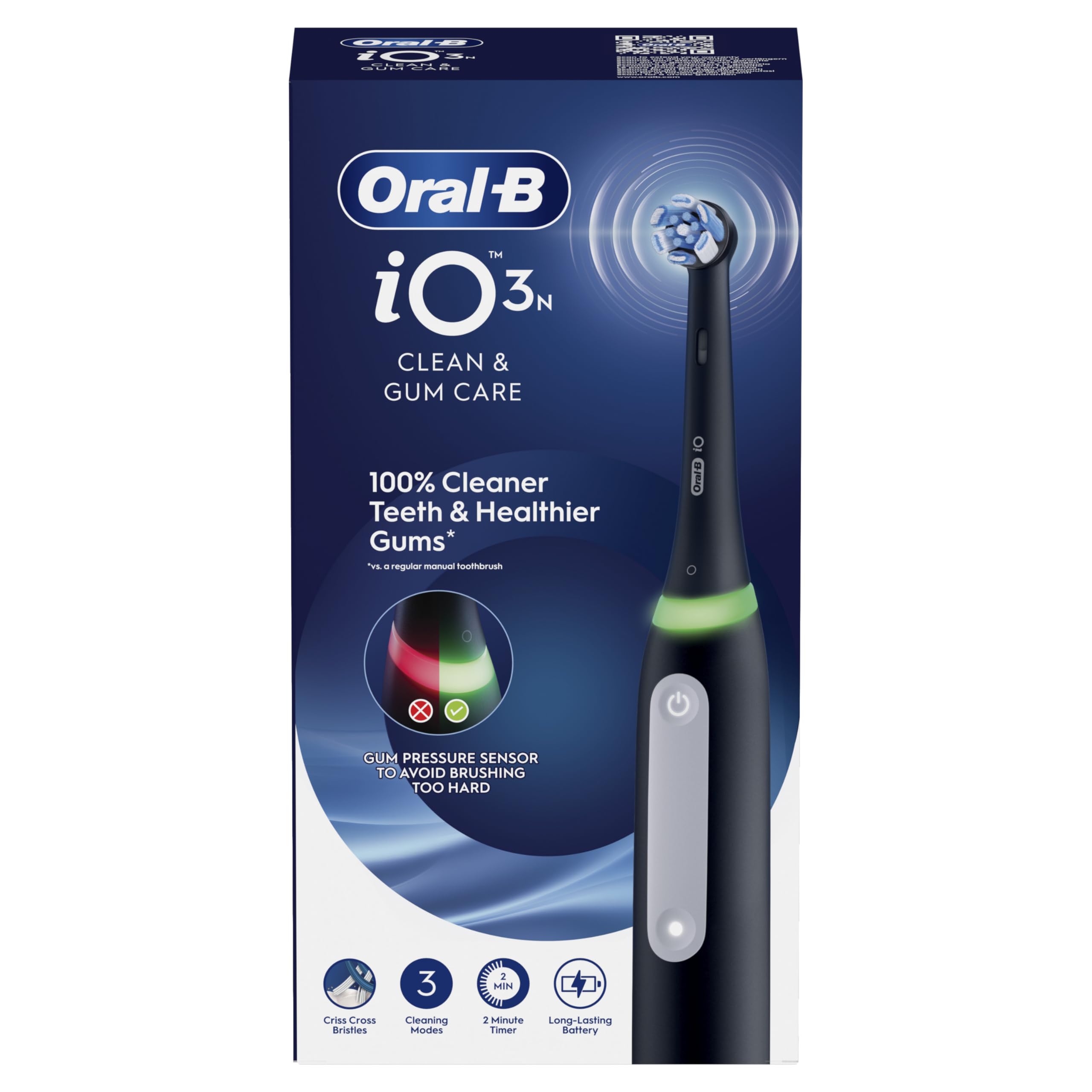 Oral-B iO 3N Cepillo de Dientes Eléctrico con 1 Cabezal, Negro - Cepillo Dental con Sensor de Presión, 3 Modos de Cepillado con Modo Blaqueante, Temporizador y Estuche de Viaje, Diseñado por Braun