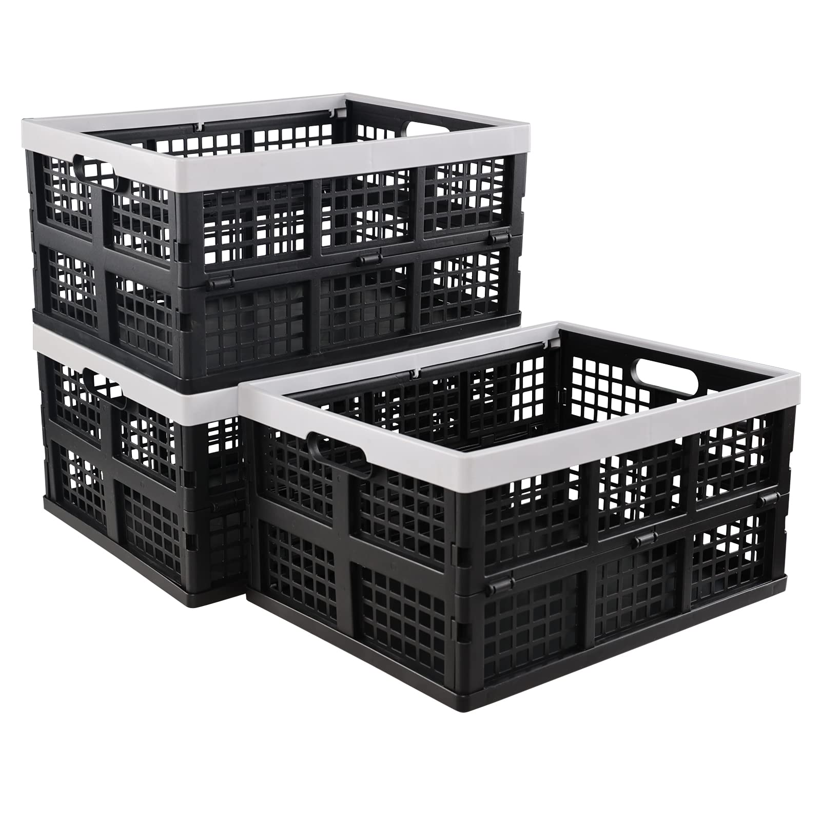 3 Packs 30 L Black Foldable Crate, Plastic Collapsible Storage Box, Stack Folding Crates Basket