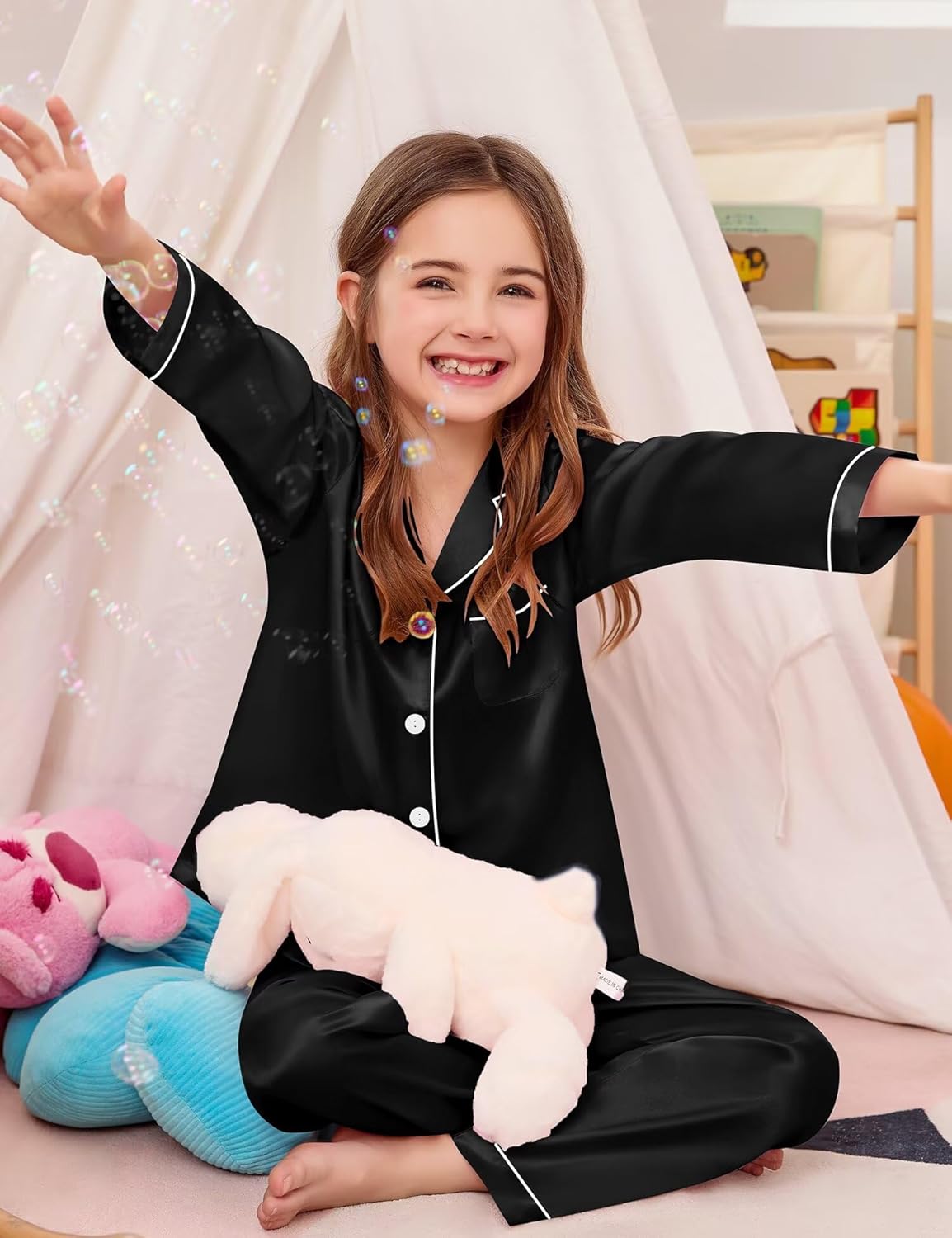 SWOMOG Kid Girls Boys Silk Satin Pajamas Set Button-Down PJs Sets Two-Piece Lounge Sets Long Sleeve Sleepwear - Image 6