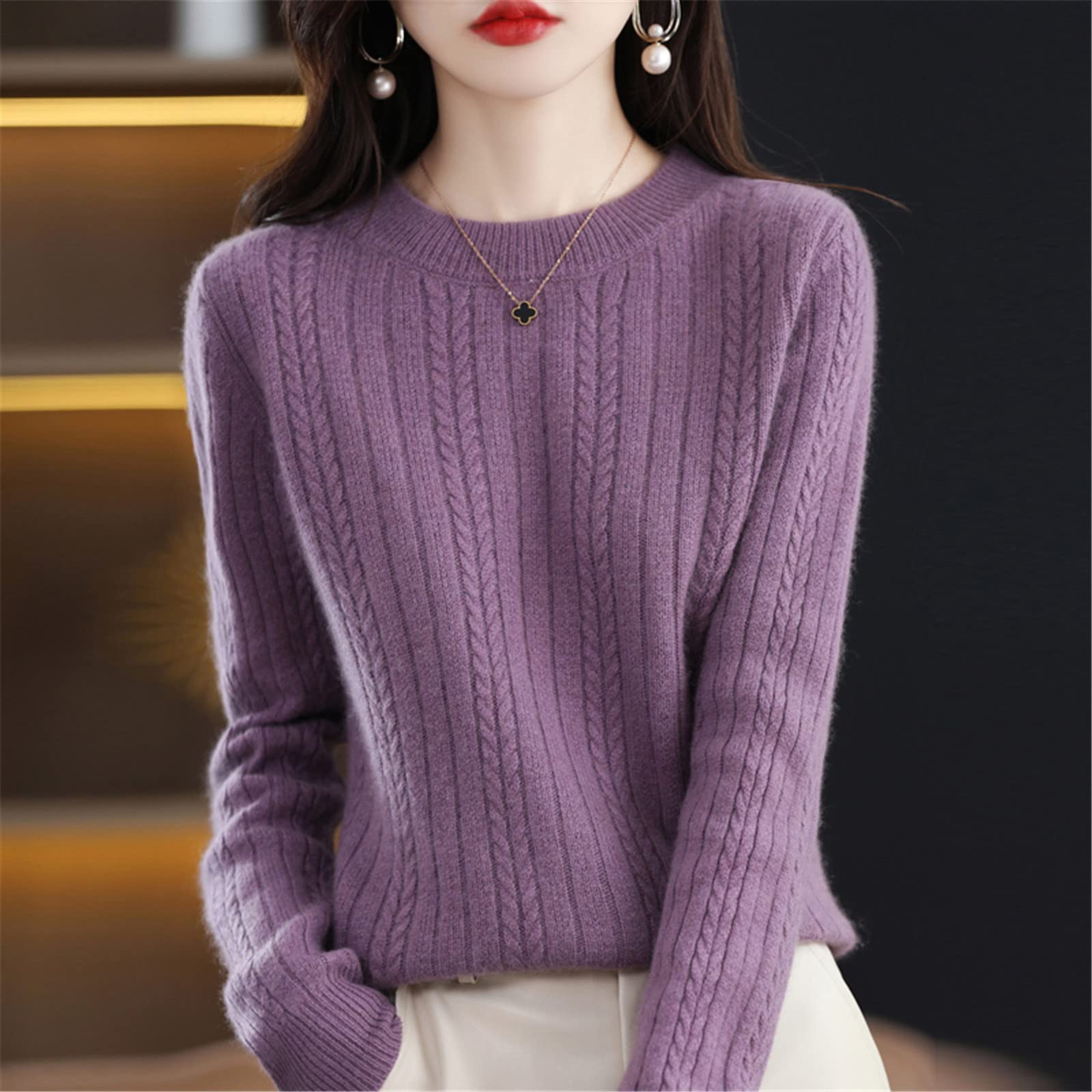 Suéter de cachemira para mujer, cuello redondo, suéter de otoño e invierno, nudo superior, suéter de lana engrosada, Camello dorado, S