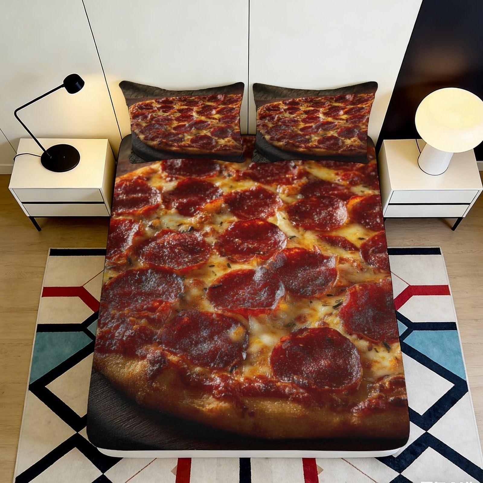 3D Printed Pepperoni Pizza Fitted Sheet Microfiber Soft Breathable Pepperoni Pizza Bed Sheet for Bedroom Dormitory Guest Room Mattress Protection Decor 90x200x25cm