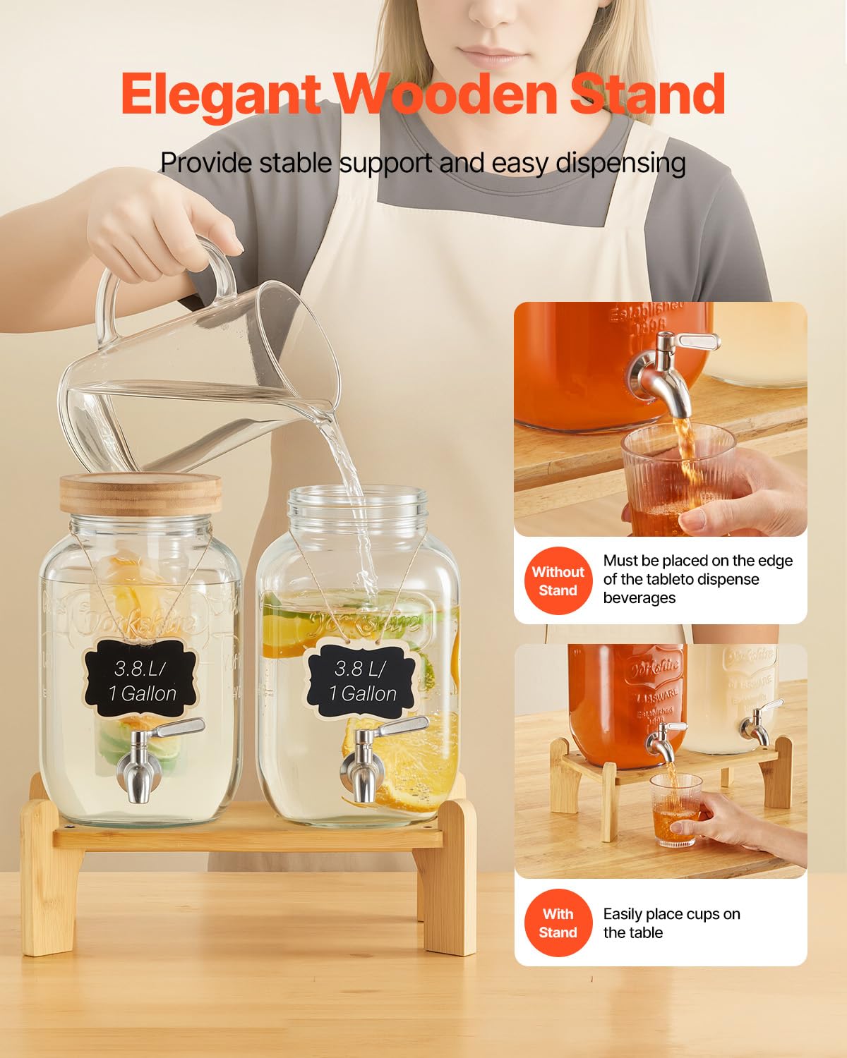 VEVOR Distributore di Bevande, 2 Pezzi da 3,8 L, Contenitore di Succhi in Vetro con Supporto in Legno, Rubinetto in Acciaio Inox, Infusore, Distributore di Tè Freddo, Limonata, per Feste