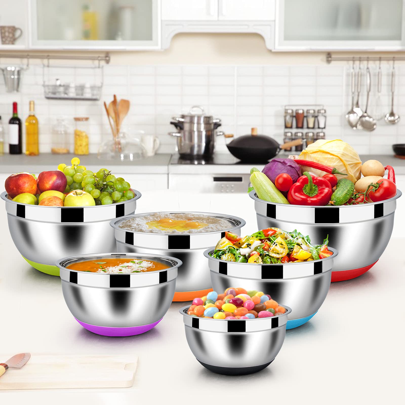 Homikit Rührschüssel Set, Edelstahl Schüssel Salatschüssel 6er Set mit Luftdichtem Deckel & Silikonboden, Stapelbar, Spülmaschinenfest, 4.6 L / 2.8 L / 2.5 L / 1.6 L / 1.2 L / 0.7 L