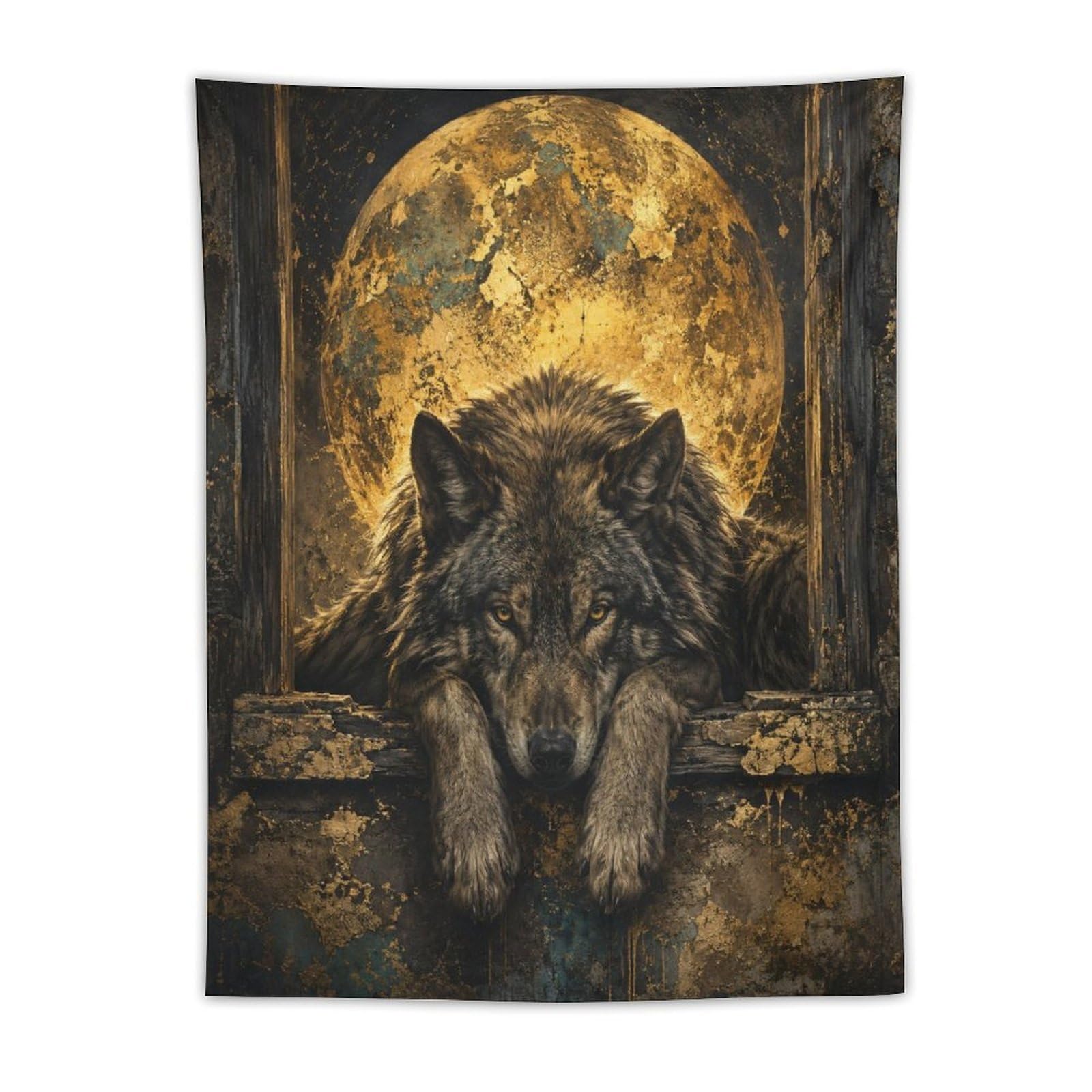 H3B8U2Y5 Black Wolf Golden Moon Wall Tapestry, Rustic Wildlife