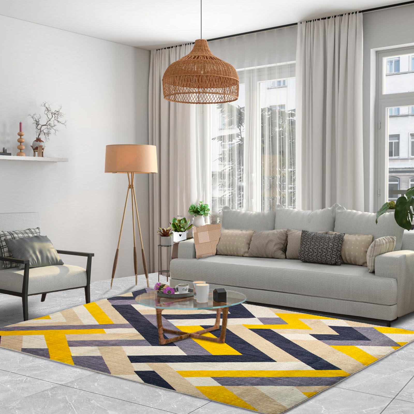 Betadistor Tapis de salon moderne à poils courts et antidérapants pour chambre à coucher, couloir, 120 x 160 cm, jaune et gris, 303-05120