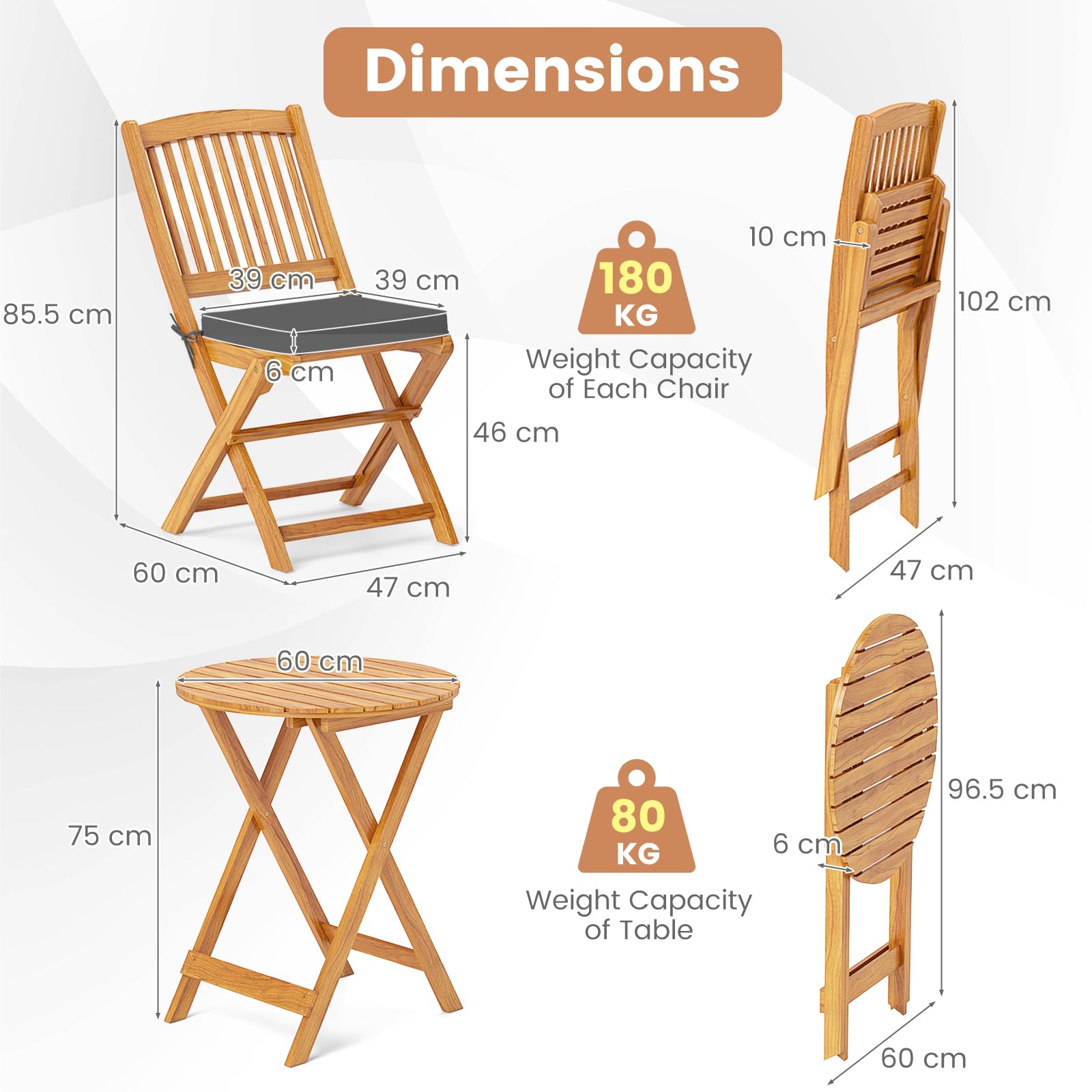 GIANTEX Set da Giardino 2 Posti in Legno di Acacia, Tavolo da Giardino Esterno con Sedia Pieghevole, 2 Cuscini Rimovibili, per Terrazza, Balcone, Bistrot (Grigio + Naturale)