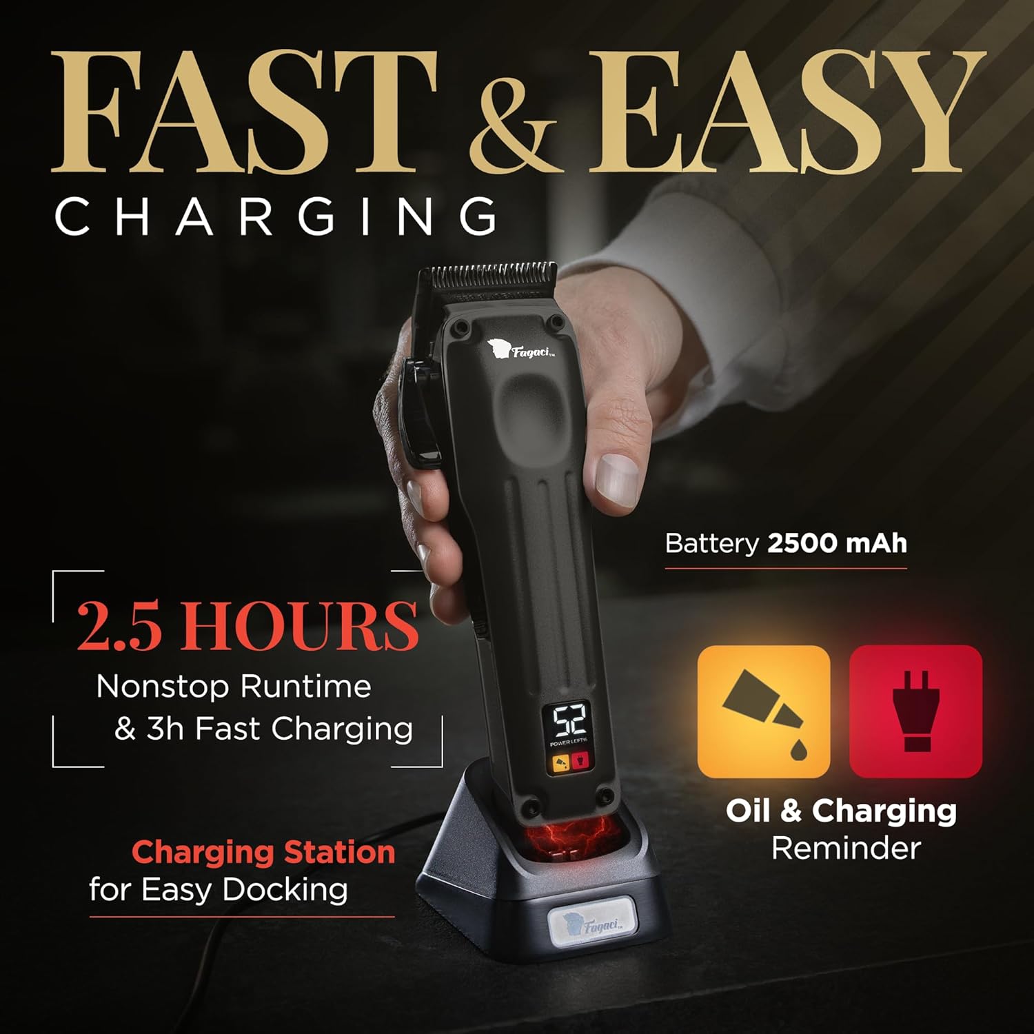 Fagaci Professional Hair Clippers for Men with Superior Precision, 5X Longer Sharpness Professional Barber Clippers Cordless with 2 Blades Fade & Taper, Brushless Motor Mens Hair Clipper Cordless Set - Image 6