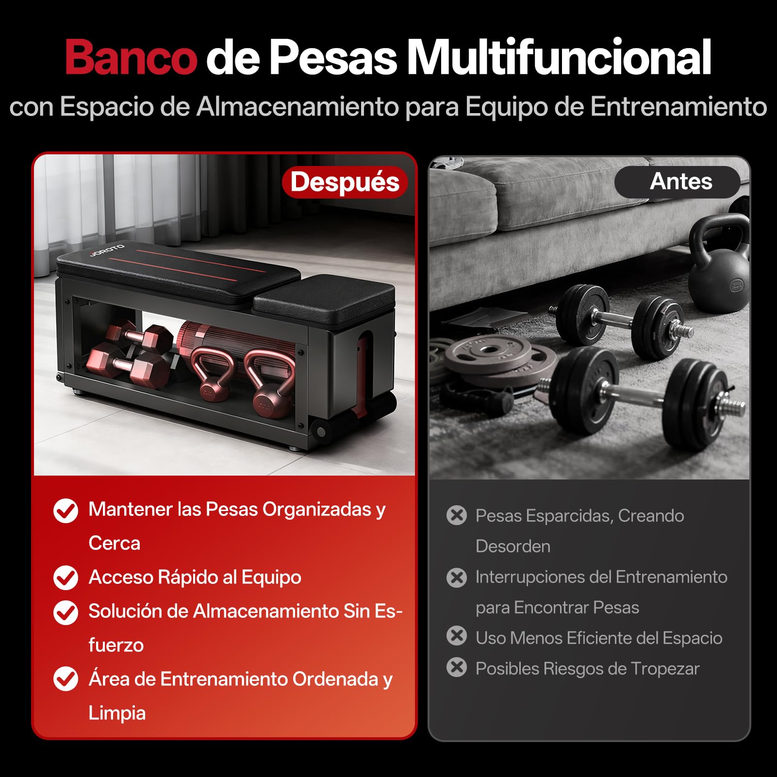 JOROTO MD85 Banco Musculación Ajustable con Almacenamiento Integrado, Capacidad 990LBS/450KG Banco de Pesas Multifuncional, Brazo de Tracción 9 Posiciones y Respaldo 7 Posiciones Banco Gimnasio Casa