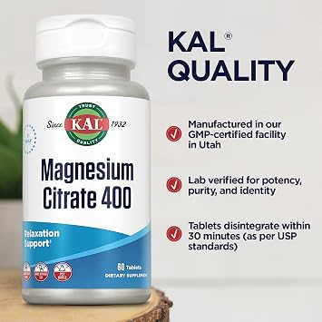 Kal - Magnesium Citrate 400 mg 60 Tablets | Bone Health, Muscle Relaxation, Heart Health Support, Enhanced Absorption, Vegan, Gluten Free