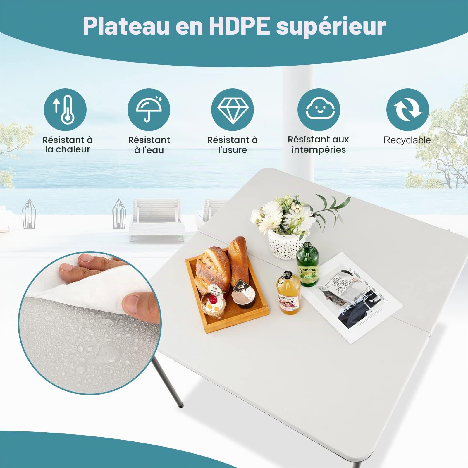 KOMFOTTEU Table de Camping Pliante, HDPE, Charge 150 kg, 86x86x74 cm, Blanc