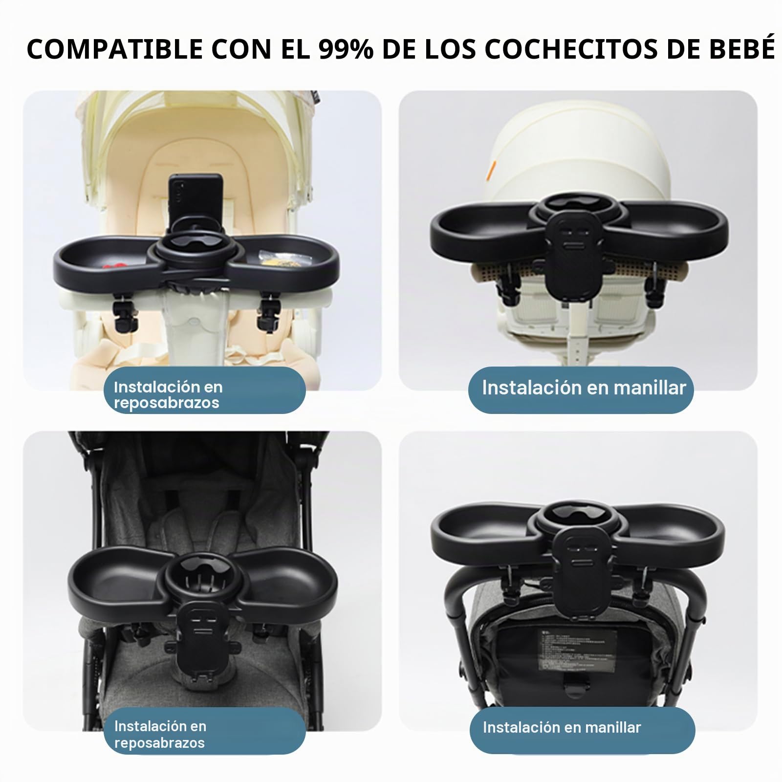 Vihir Bandeja para Cochecito de Bebé, 4 en 1 Bandeja de bocadillos Universal para Cochecito con Portabocadillos y Soporte para Móvil, Clip Ajustable Giratorio 360°, para Cochecitos con Reposabrazos