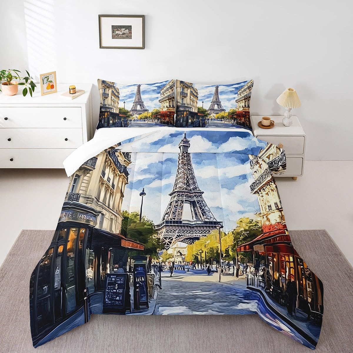 Erosebridal Paris Eiffel Tower Print Bedding Set Travel Theme Comforter Set King City Street Down Comforter for Kids Teens Adults Men,World Famous City Building Landscape Duvet Set