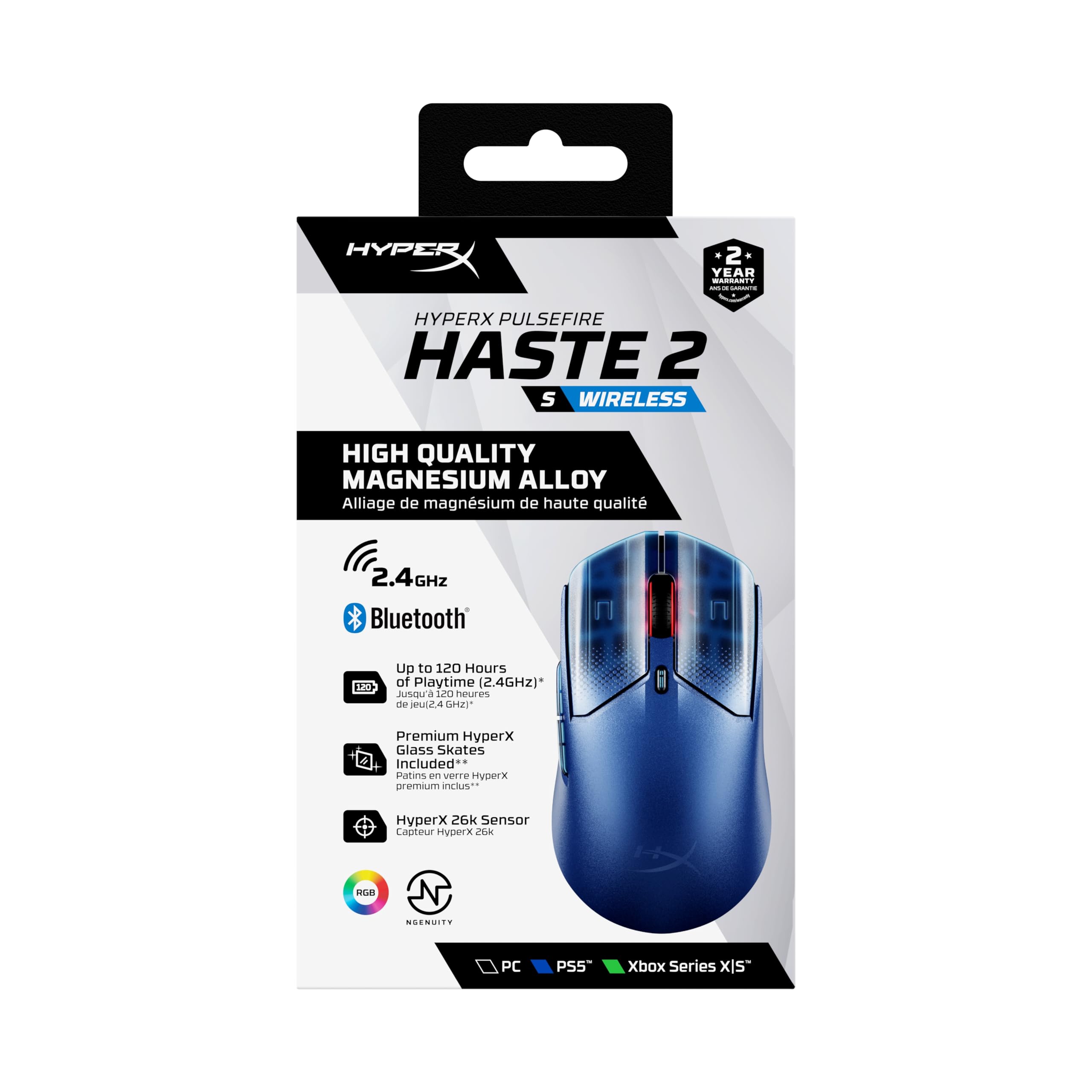 HyperX Pulsefire Haste 2 S Wireless, Souris Gaming sans Fil Ultra Légère 64 g, Coque en Alliage de Magnésium, Capteur HyperX 26K Jusqu’à 26 000 DPI, Autonomie Jusqu’à 120h, Patins en Verre, Bleu