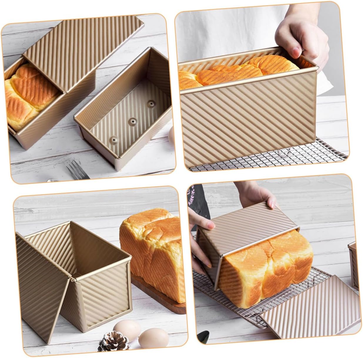 KICHOUSE Non-stick Bread Loaf Pan with Lid 450 Gram Sliding Cover Toast Mold Baking Pan Set for Oven Household Bread Baking Mold Gold
