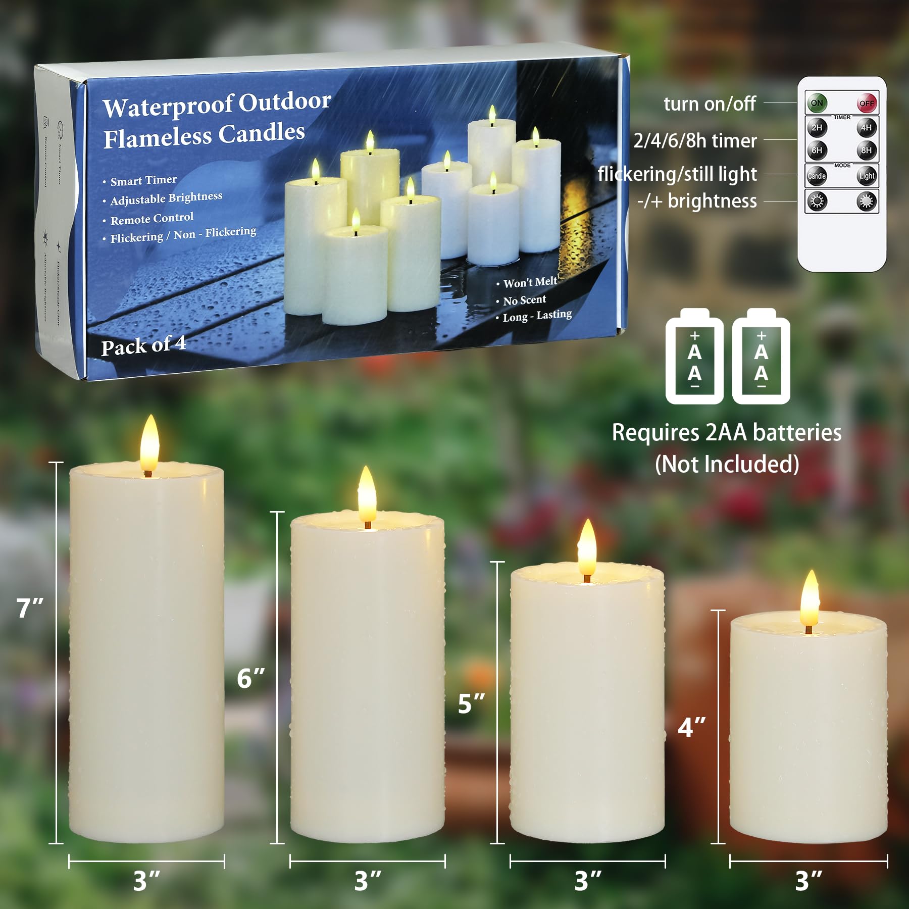 Wasserdichte Flackernde Automatische Tages-Timerfunktion Elfenbein Plastik Flammlose LED-Kerzen mit Wachsöl, 7,5cm x 10/12,5/15/17,5cm Batteriebetrieb Fernbedienung (4er-Pack)