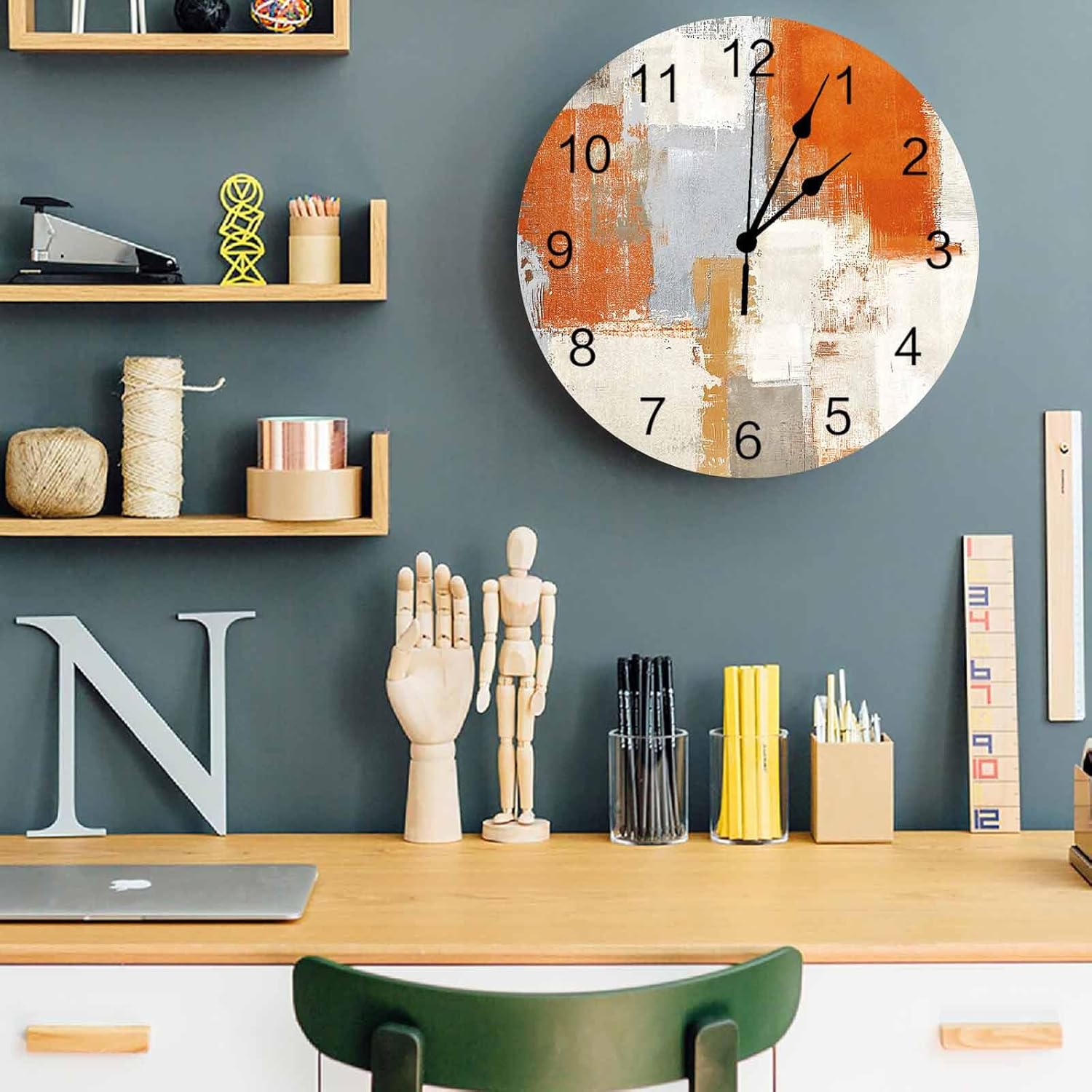 Wall Clock Orange Abstract Graffiti Decorative Wall Clocks Battery Operated Modern Square Texture Non-Ticking Silent Round Clock for Bedroom Kitchen Bathroom Living Room,14 inch， Gray White