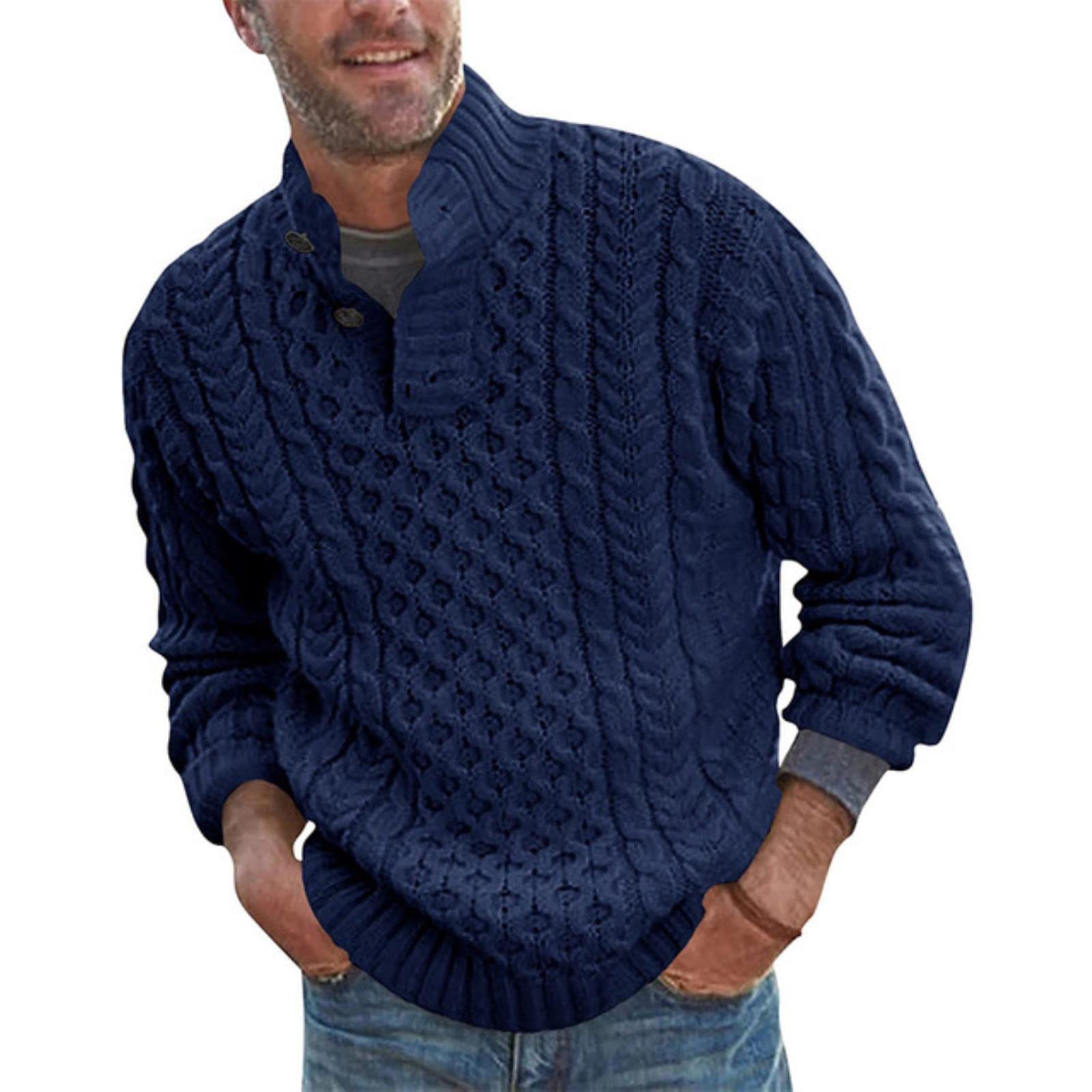 Choux Men's Nfz212 Navy Autumn Casual Knitted Sweater Solid Color Long Sleeve Vintage Pullover Buttons Neck Multicolor Warm Sweaters-,M