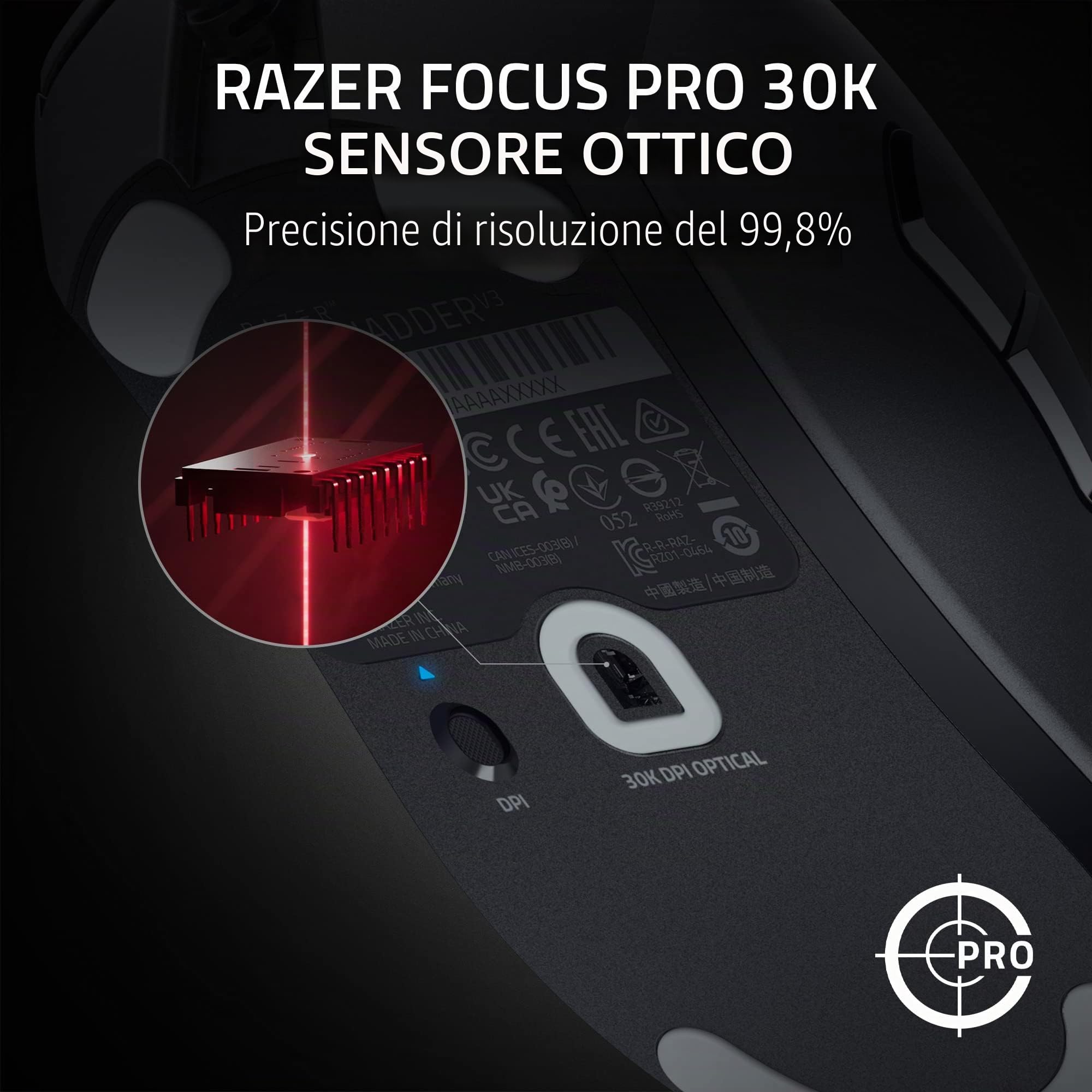 Razer DeathAdder V3 Mouse da gioco cablato: 59 g ultra leggero - Sensore ottico Focus Pro 30K - Switch rapidi Gen-3-8K Hz HyperPolling-6 pulsanti programmabili -Ergonomico -Cavo Speedflex - Nero