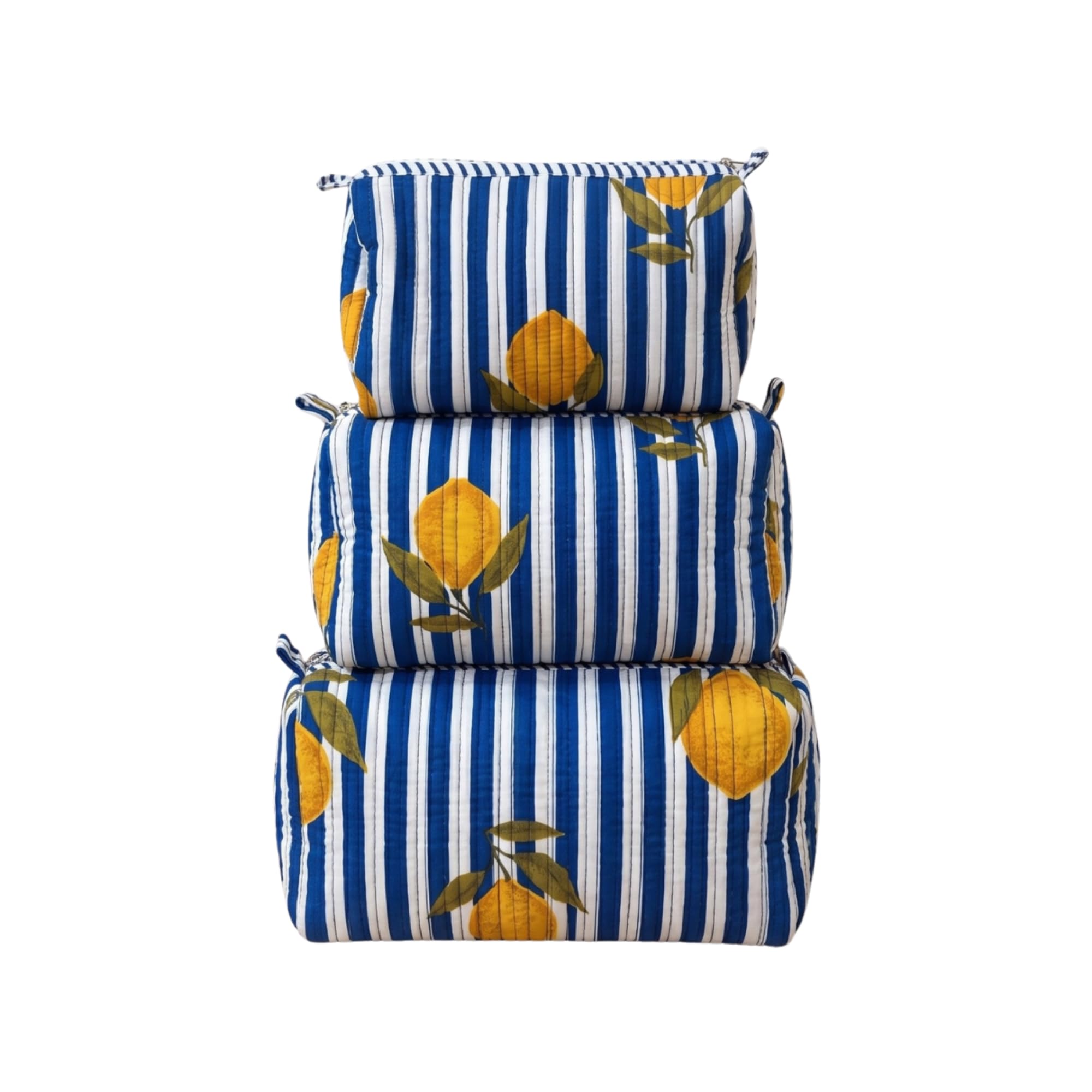 Handblock Printed Handmade Quilted Cotton Zipper Pouch | Makeup, Toiletry & Travel Organizer | Blue Lemon Stripe-image-5