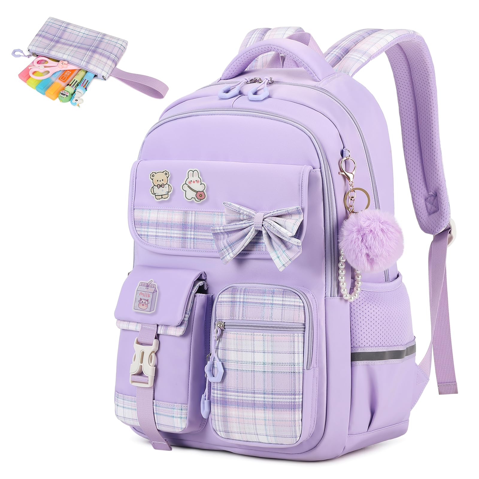 MOONBABY Girls Backpack, Kids Backpack for Girls School Bags with Pen Case, Bow Plaid Book Bag for Elementary Middle Primary High School College,