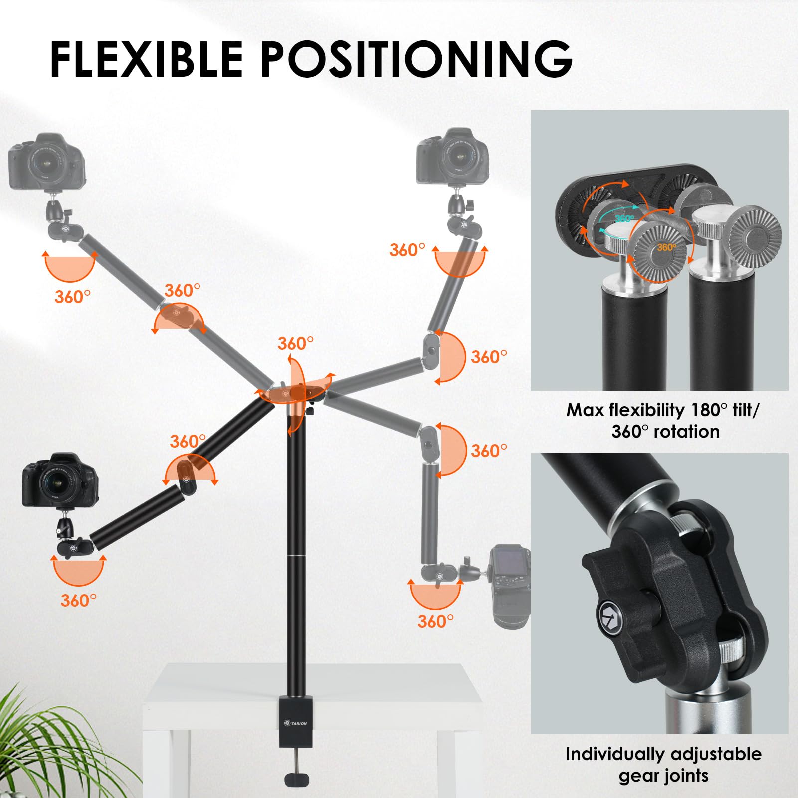 TARION Overhead Stativ Kamera Tischstativ Klemmstativ Flexibel Gelenkarm Tisch Halterung mit 3/8'' Gewinde und 3/8'' auf 1/4'' Schrauben Adapter für DSLR Kameras Ringlicht Projektor(L, Neu)