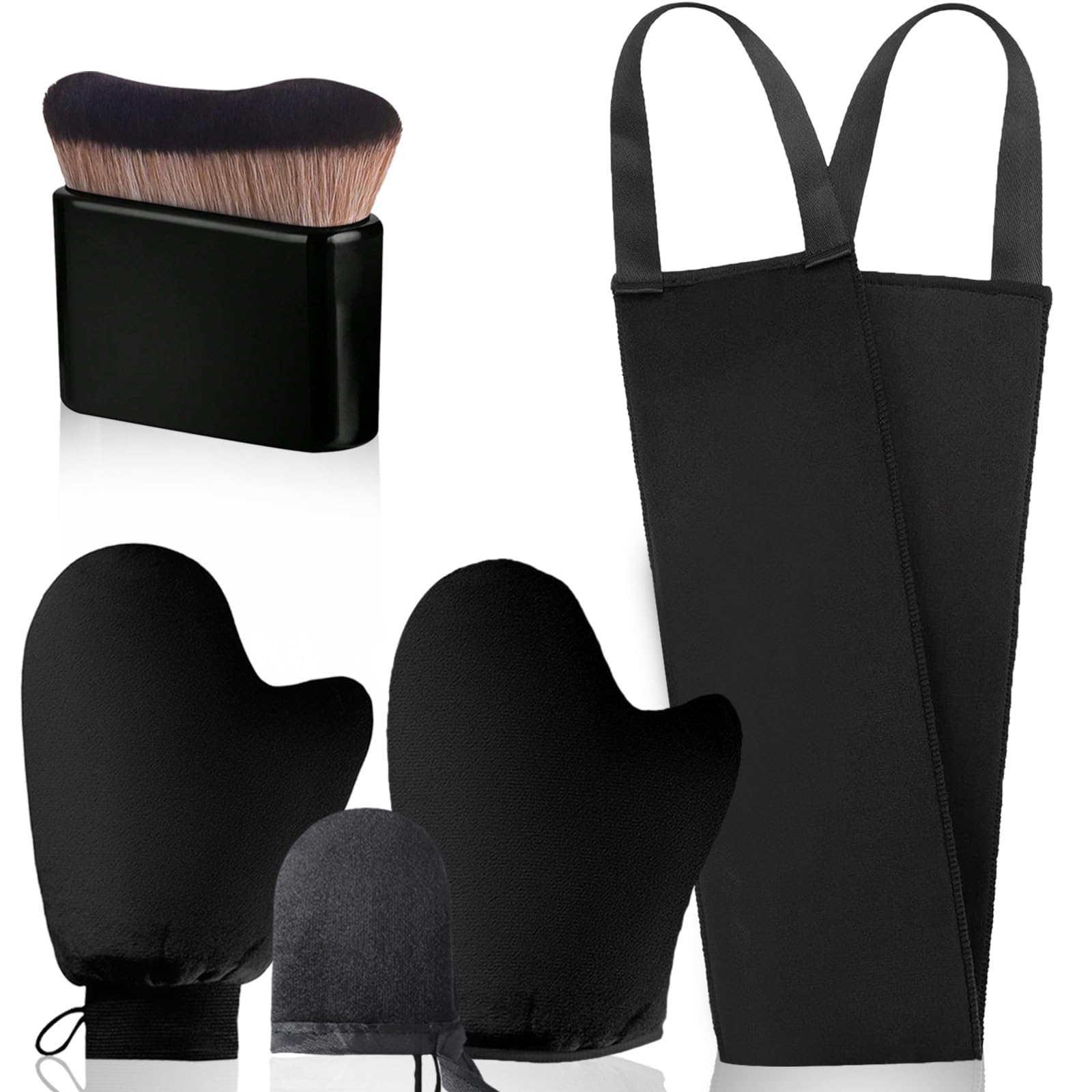 5-in-1 Self-Tanning Mitt Set including Brush, Back Applicator Glove, and Cream Tanner, Black