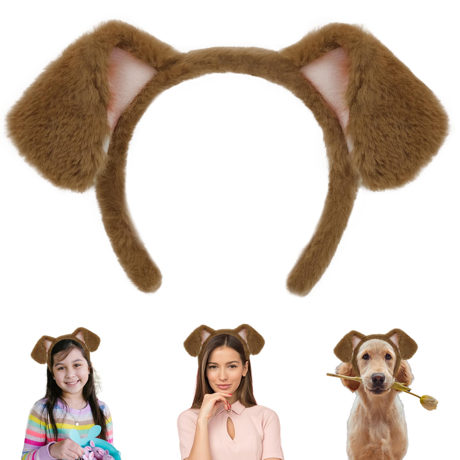 Dog Ears Golden, Realistic Animals Ears Headband Brown, Fluffy Cat Bunny Bear Costume Halloween Christmas for Washing Makeup Cosplay Party