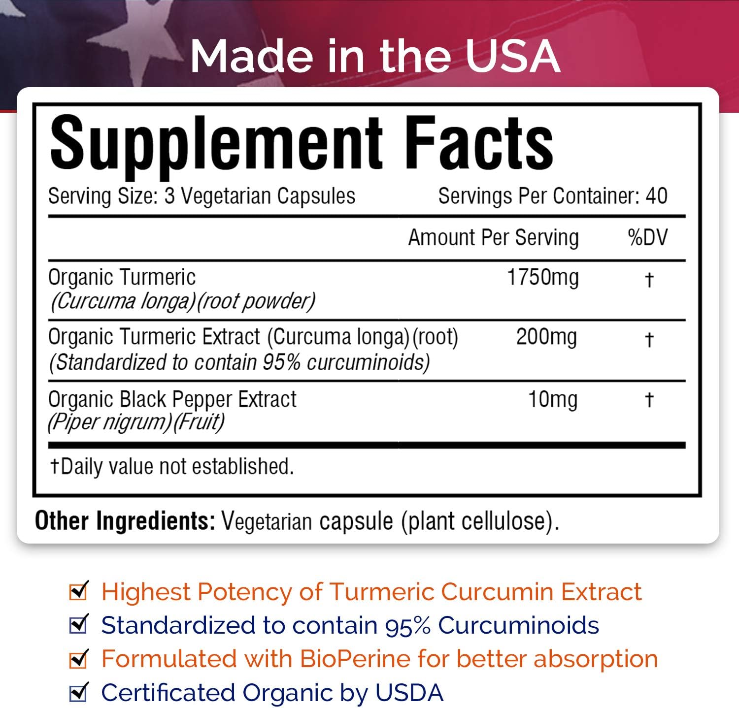 Organic Turmeric Curcumin with BioPerine, 95% Standardized Curcuminoids, 1960mg per Serving, 120 Veggie Caps, Non-GMO, NO Gluten NO Dairy NO Soy, Anti-Inflammatory, Pain Relief & Joint Support : Health & Household
