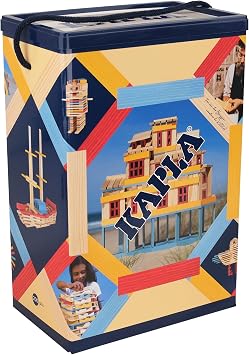 KAPLA 200 Summer Box - Construction Building Planks Set, 200 Pieces, French Natural Pine Wood with Natural, Light Blue, Yellow, and Red Planks