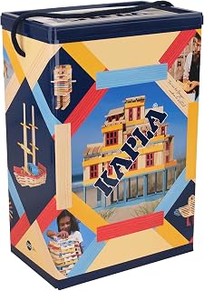 KAPLA 200 Summer Box - Construction Building Planks Set, 200 Pieces, French Natural Pine Wood with Natural, Light Blue, Yellow, and Red Planks