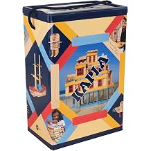 KAPLA 200 Summer Box - Construction Building Planks Set, 200 Pieces, French Natural Pine Wood with Natural, Light Blue, Yellow, and Red Planks