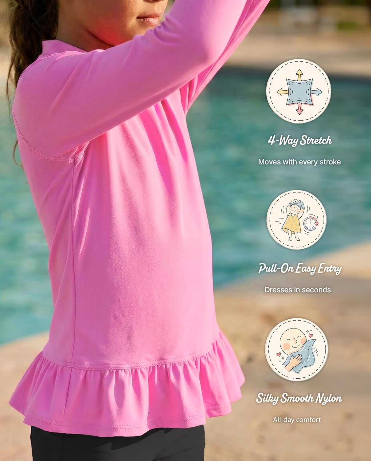 Made in USA Girls' Solid Rashguard Swimming Tee for The Beach or Pool Peplum Sun Protection SPF50+ Swim Tee for The Beach