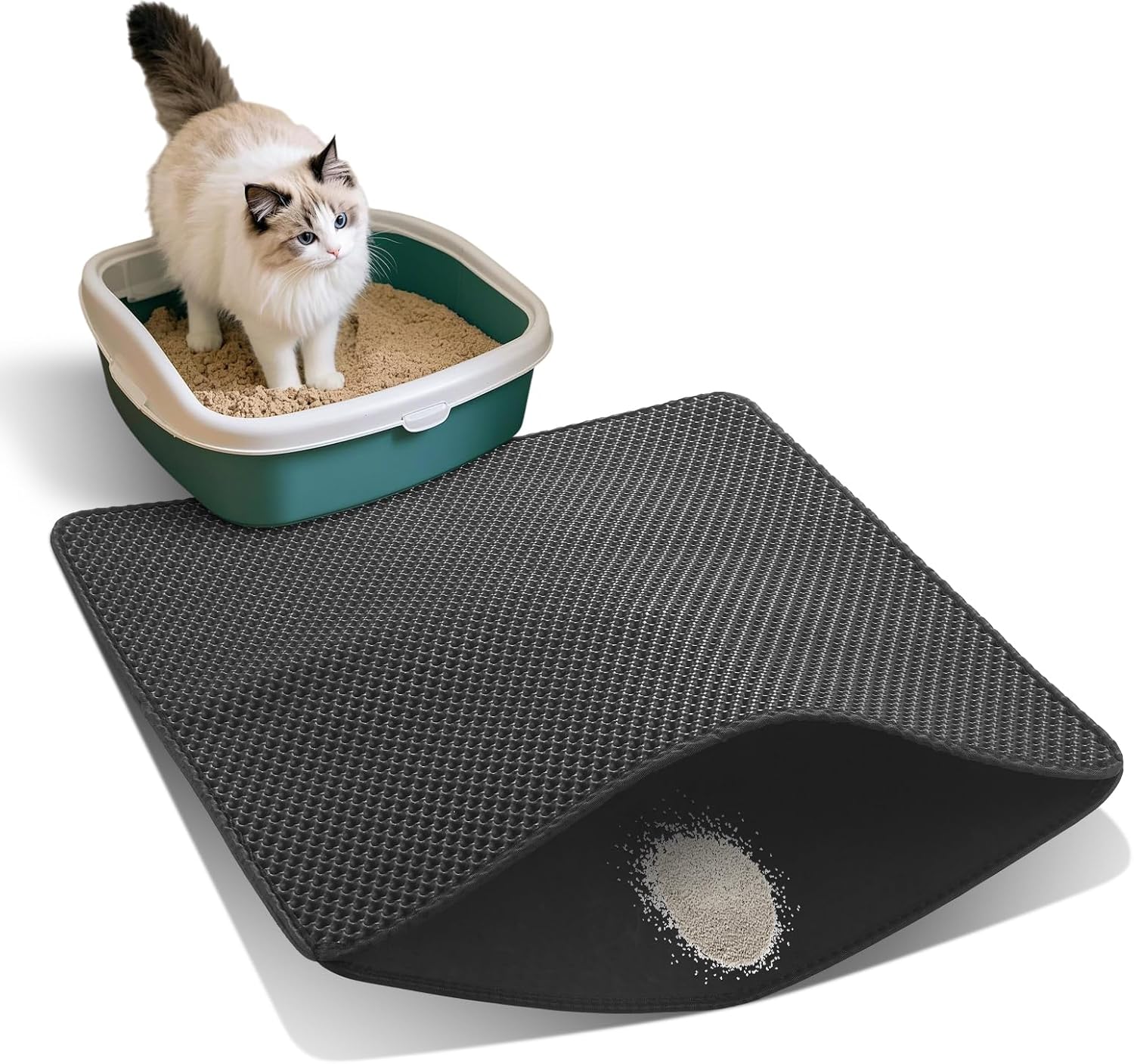 Cat Litter Mat for Indoor Cats Eva Double-Layer Litter Box Mat Washable for Easy Cleaning Cat Rug Collects Litter and Prevents Liquid Leakage (Black, 23.6×35.4inch)