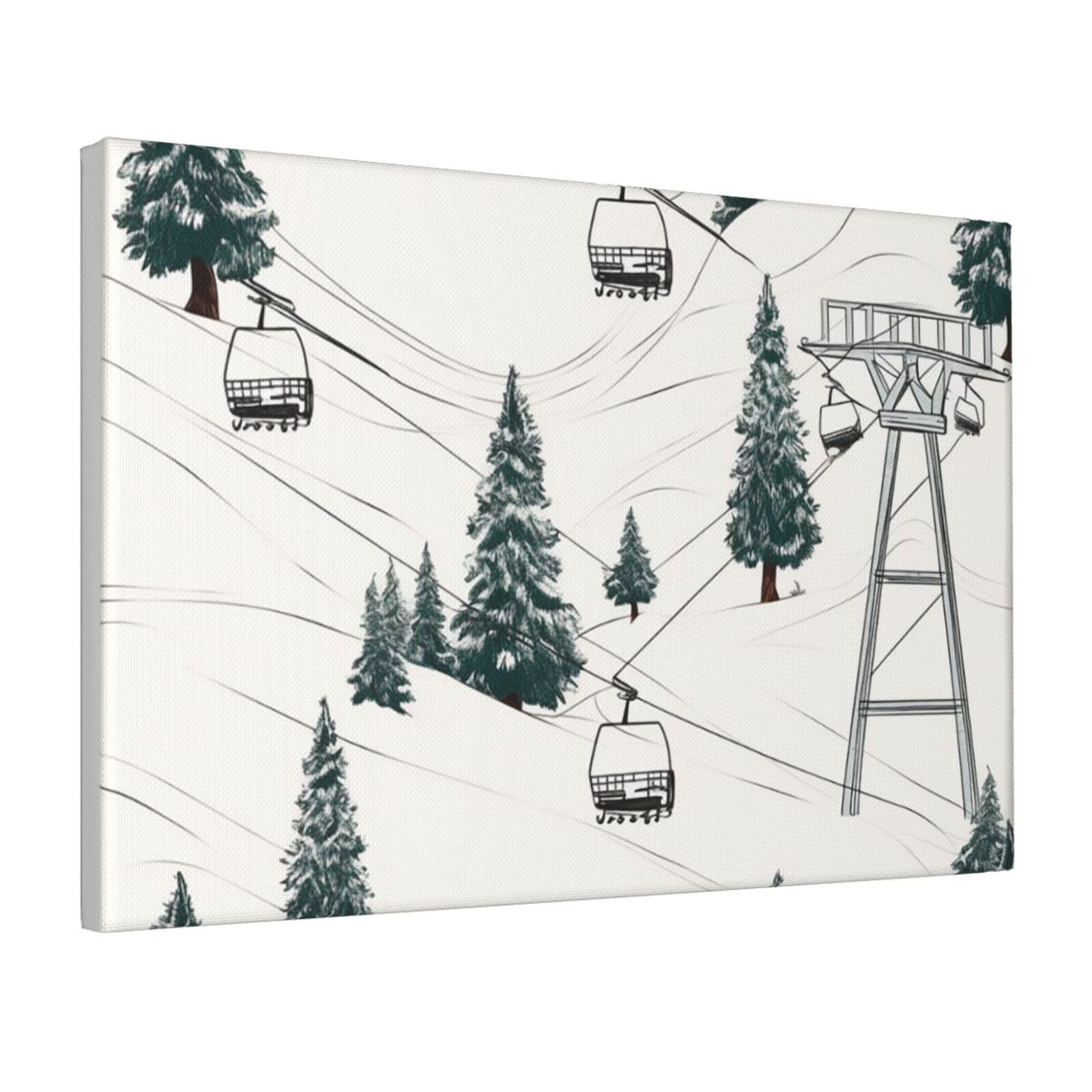 Framed Wall Art for Living Room Art Work, Ski Lift With Fir Tree Picture Prints Modern Office Wall Paintings Poster Aesthetic Wall Decorations for Home Decor Ready To Hang 12"x18"