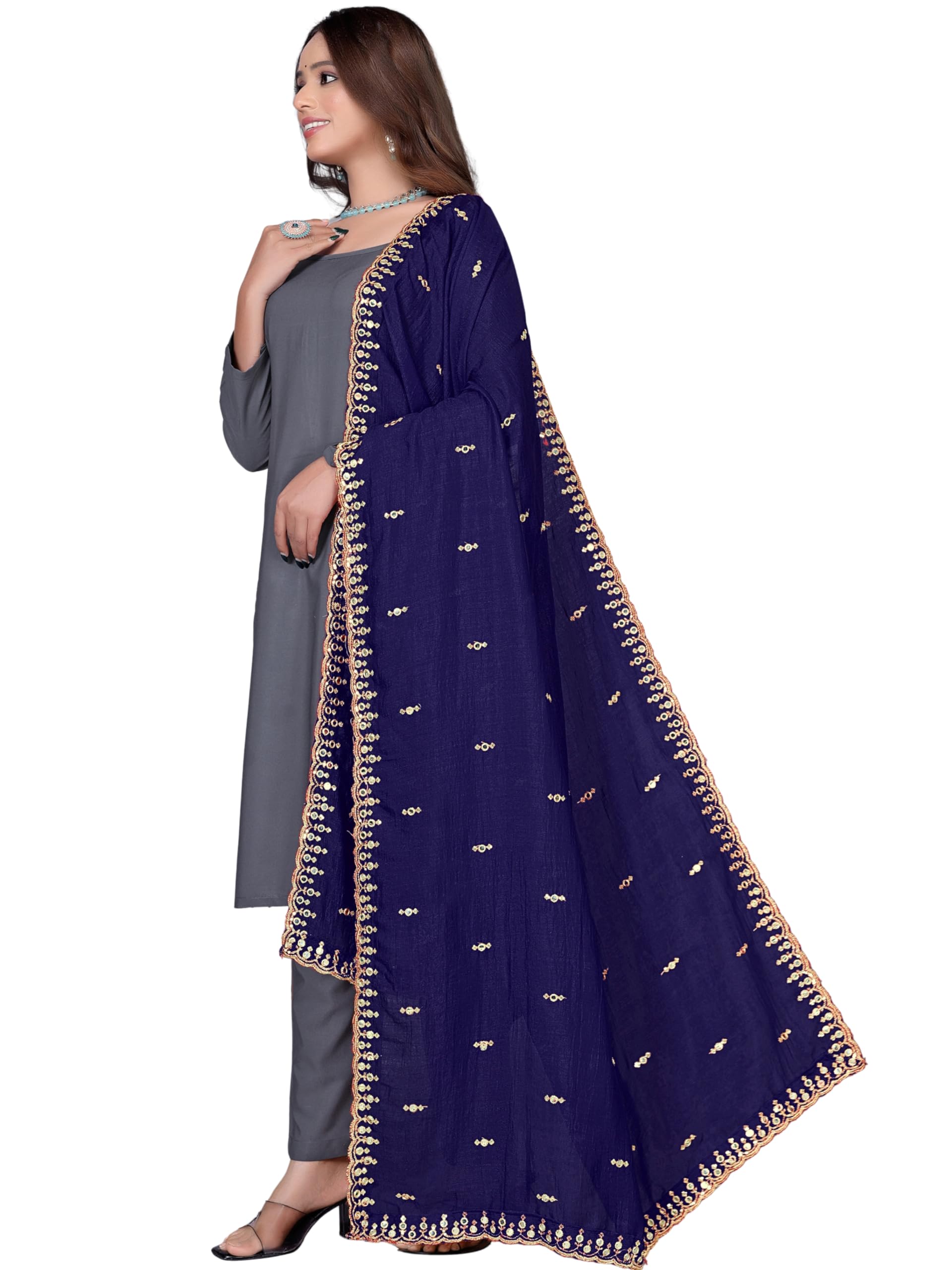 Embroidered Vichitra Silk Dupatta with Mirror Detailing & Floral Pattern-picture-37