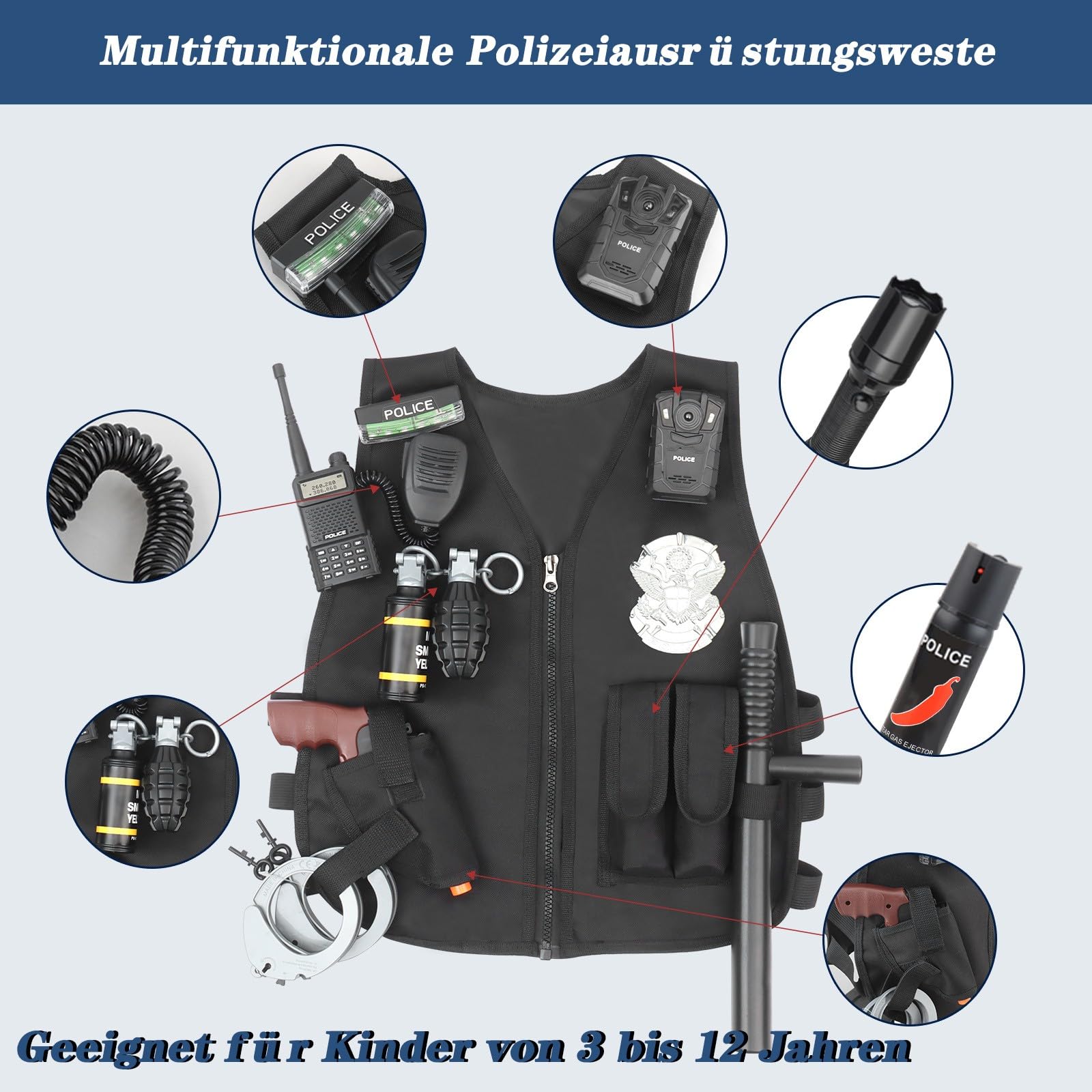 XSYKJGS Déguisement Policier Enfant 15 Pièces - Costume Police Complet avec Accessoires (Casque, Menottes, Gilet) pour Fille et Garçon - Idée pour Halloween et Carnaval