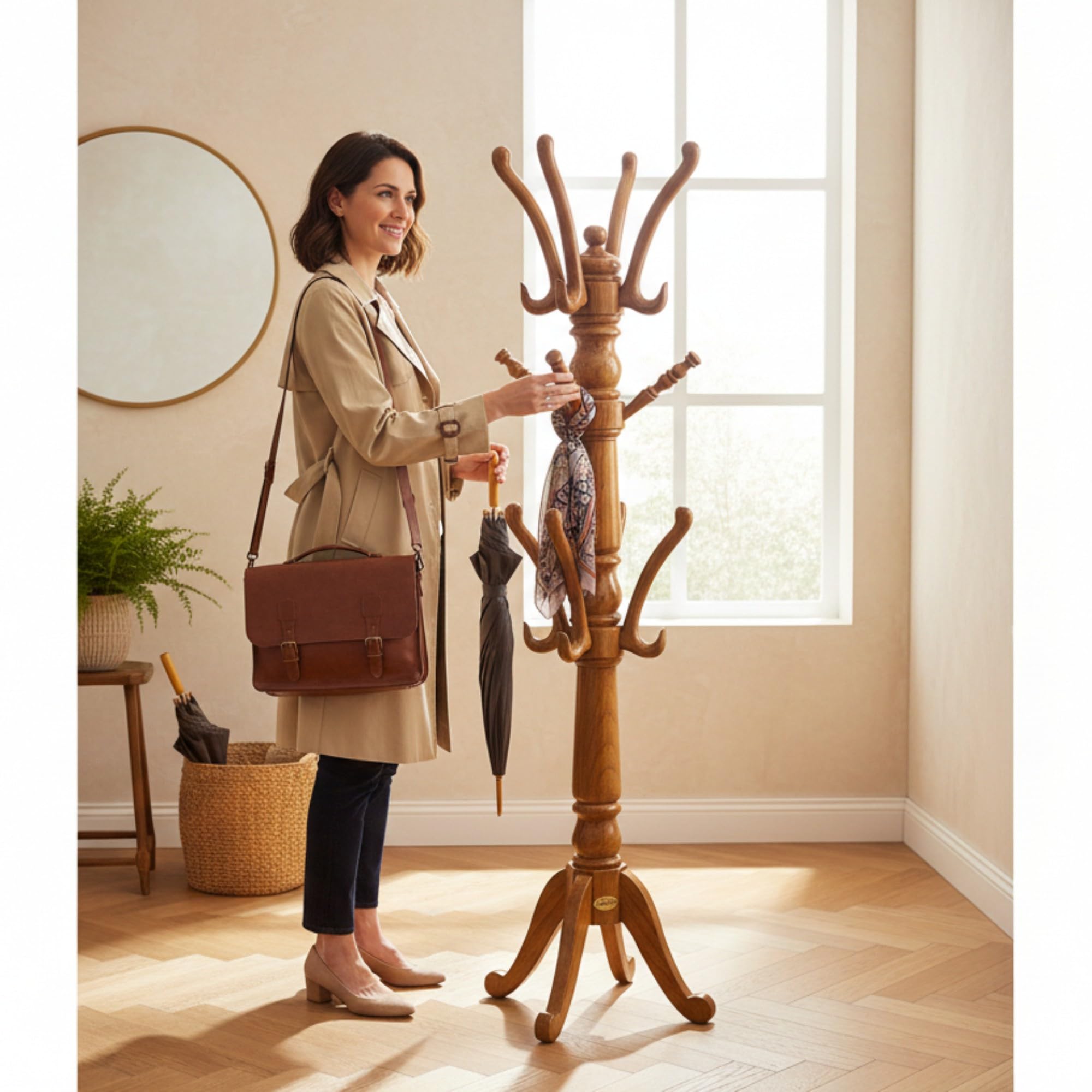Lumber Casa cap/hand bags/clothes/coats/umrellas teak wood stand, melamine polish, walnut colour, glossy premium finish, heavy weight stable, hang multiple items-image-16